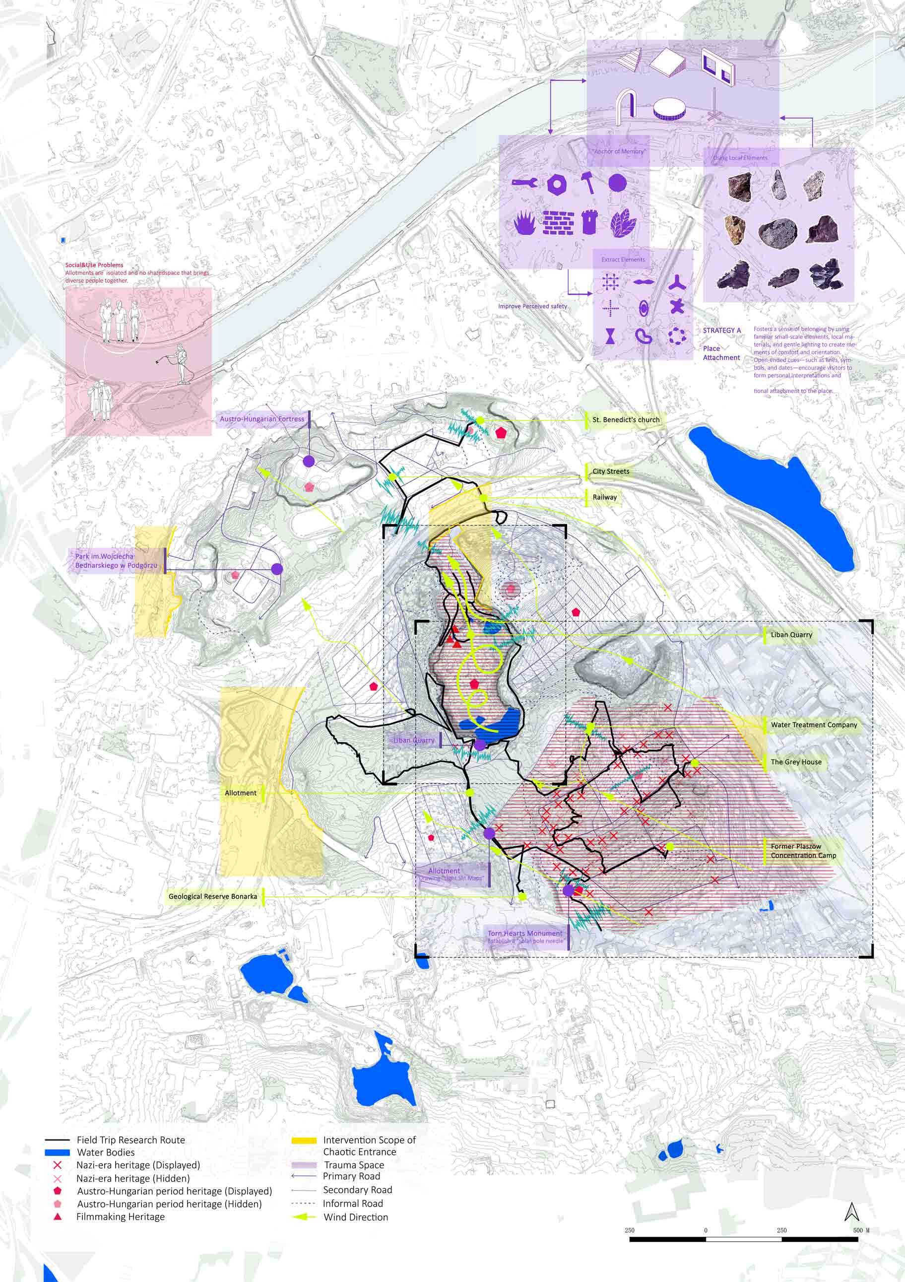 To address the challenges of fragmented green spaces, hidden historical traces, and low community integration in Kraków, the project proposes three key strategies: Connect, Restore, and Placemories. These interventions aim to stitch together isolated landscapes, revitalize the local ecology, and foster a deep sense of place attachment and historical memory.