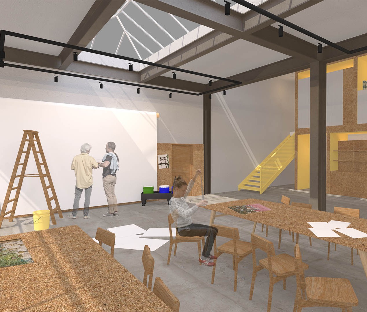 Interior view of the community art studio with people making art and socialising.