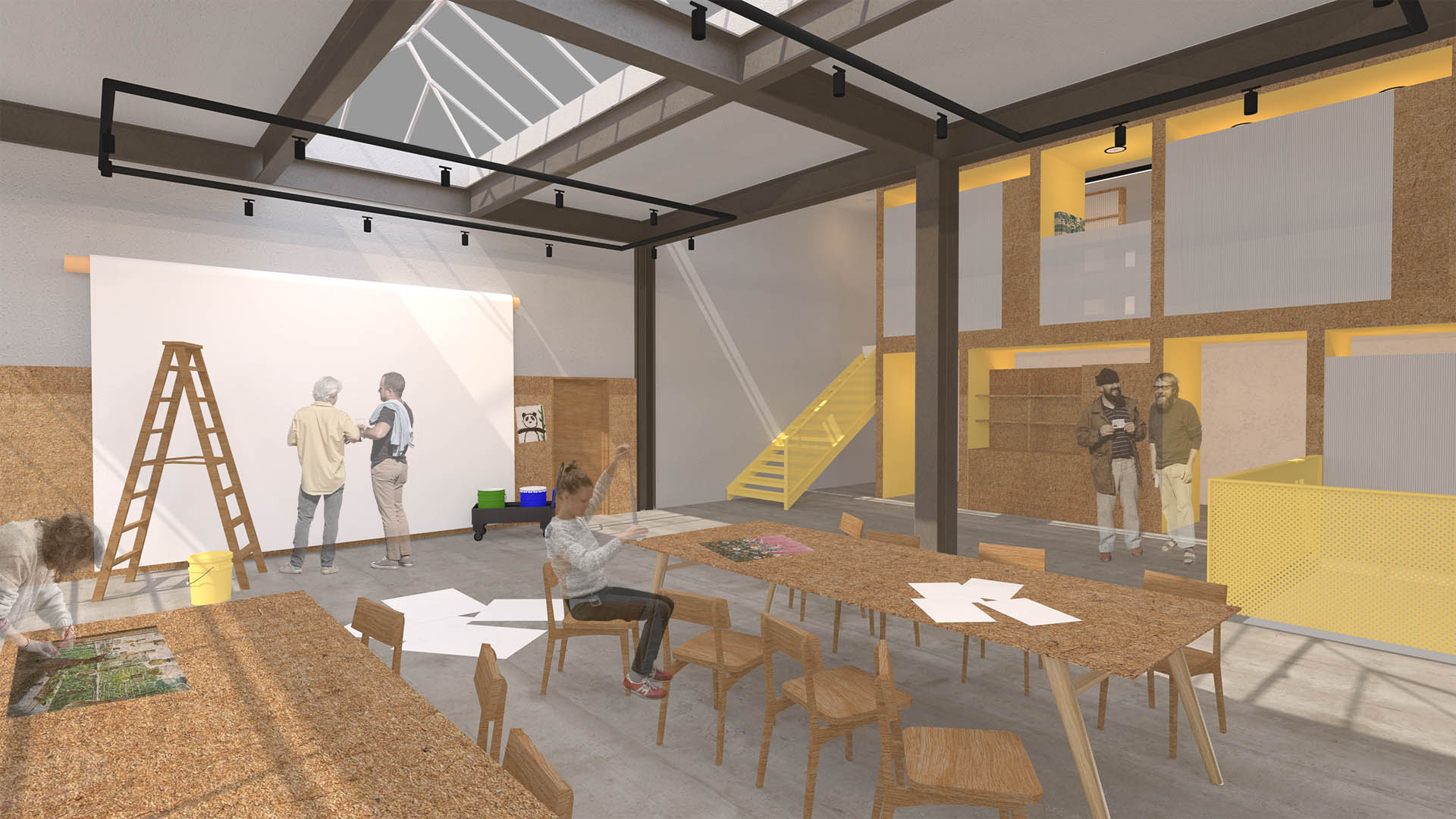 Interior view of the community art studio with people making art and socialising.