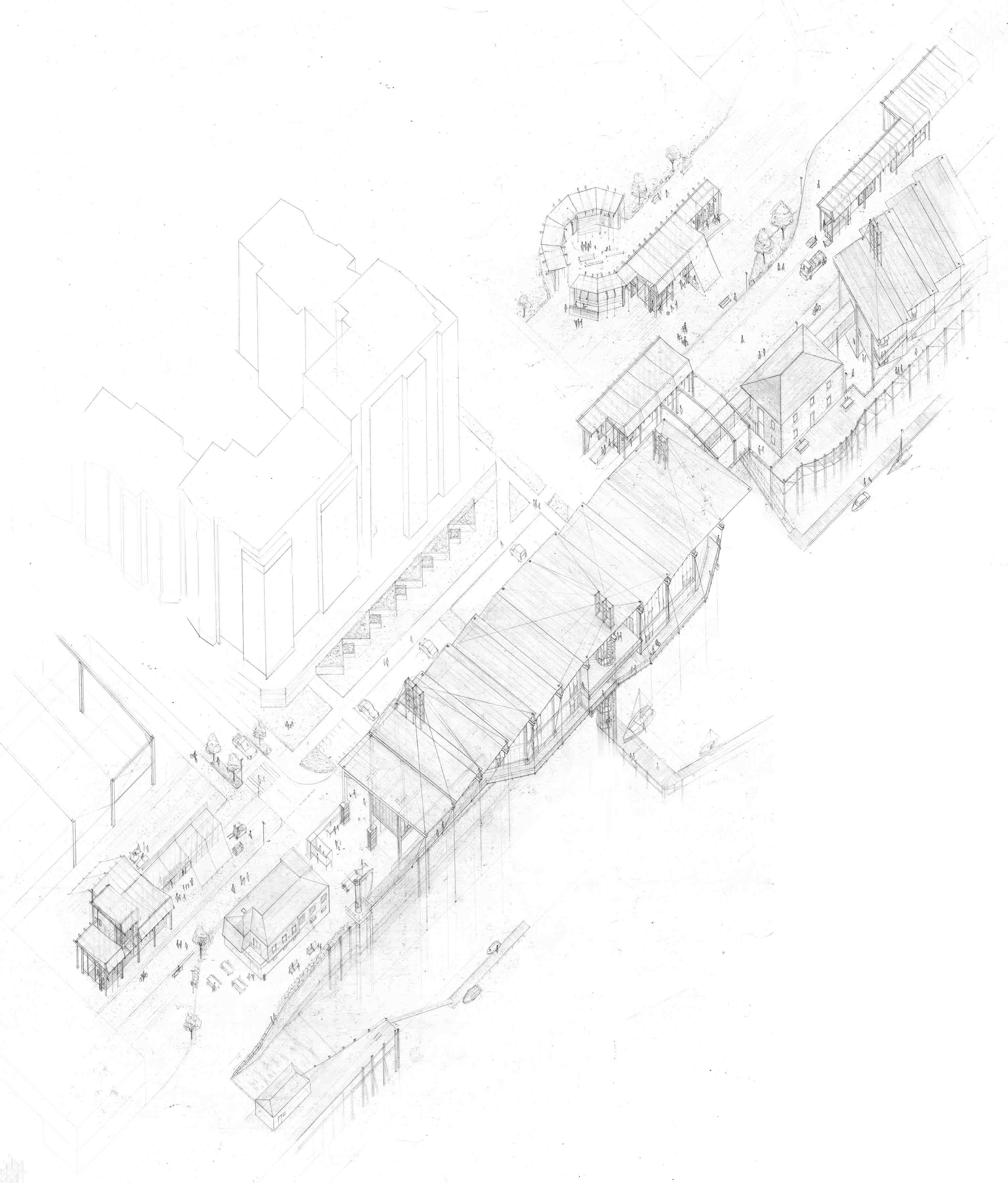 Site axonometric showing life beween buildings, drawn at 1:250