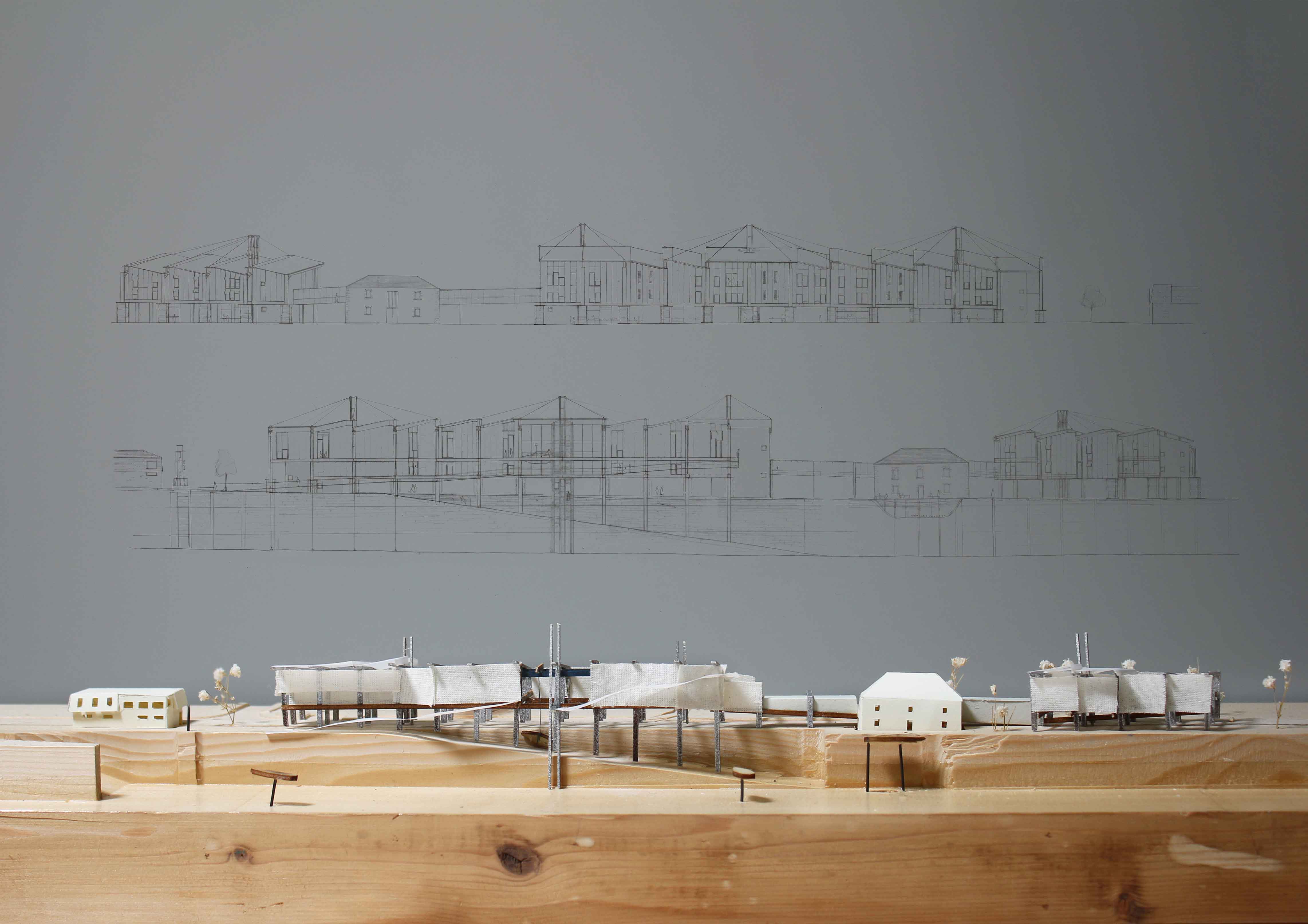West and East elevations of workshop and hostel, drawn at 1:200 and Boat repair workshop, modelled at 1:500