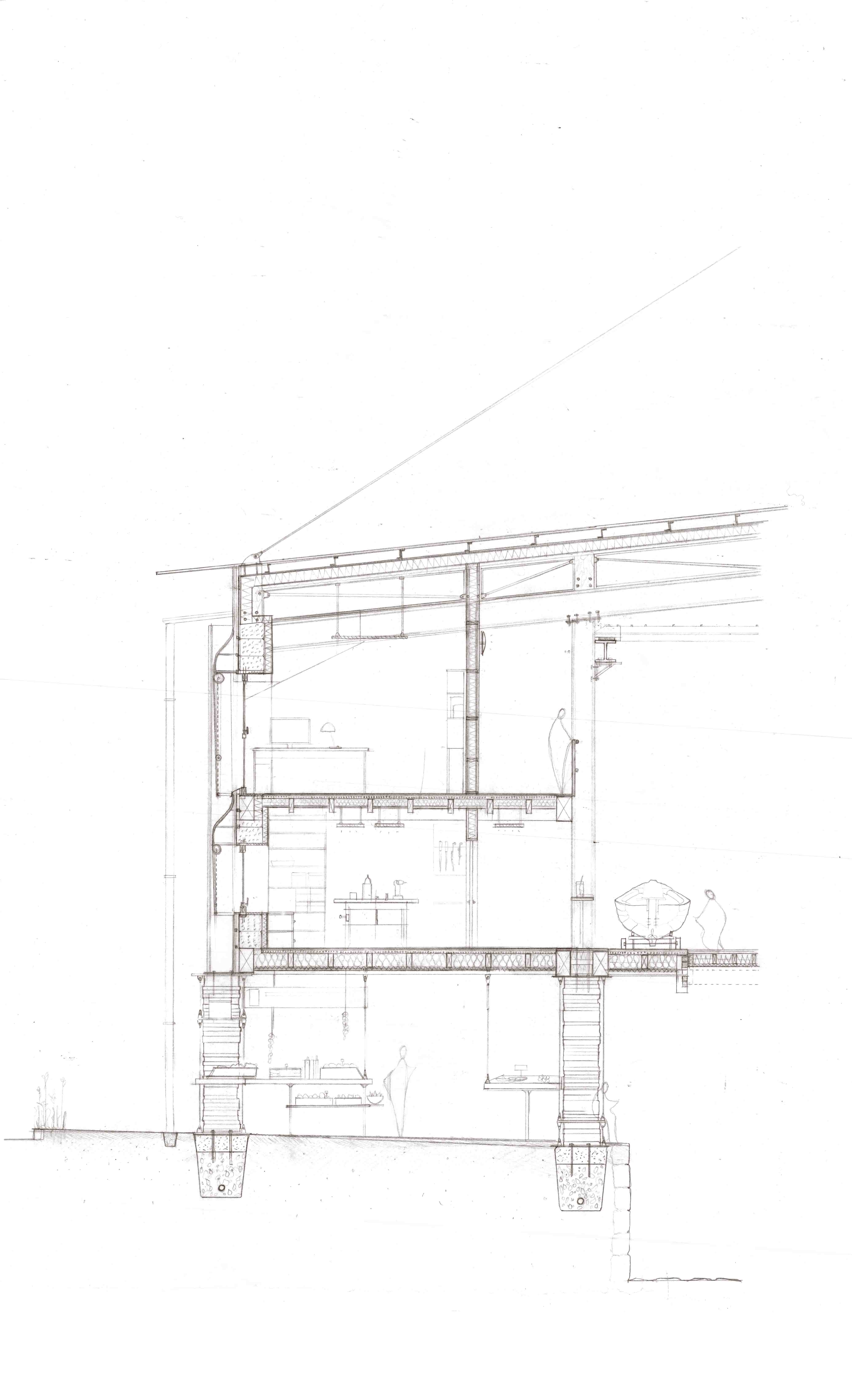 Section through market and workshop, drawn at 1:50