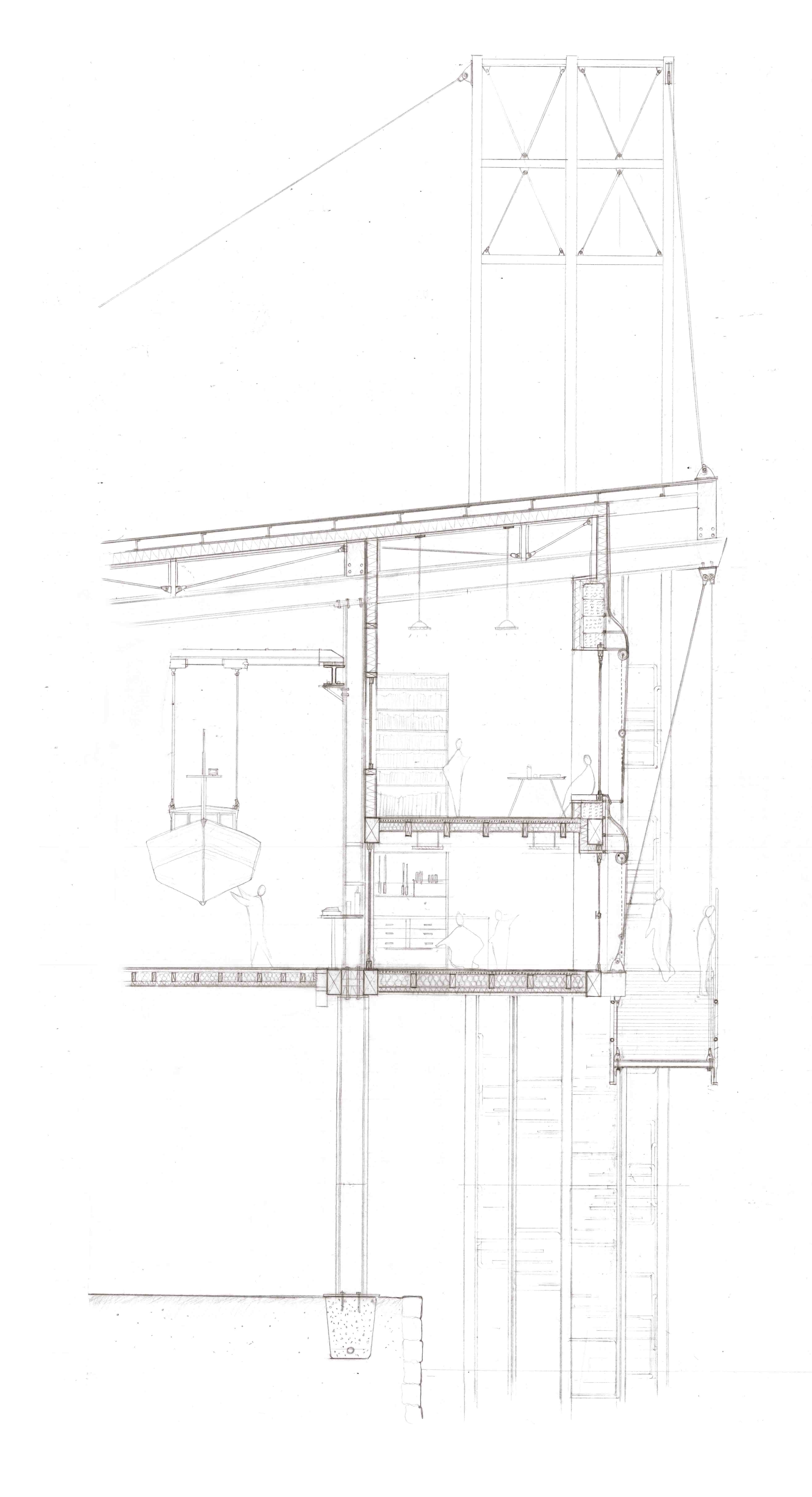 Section through ramps and workshop, drawn at 1:50