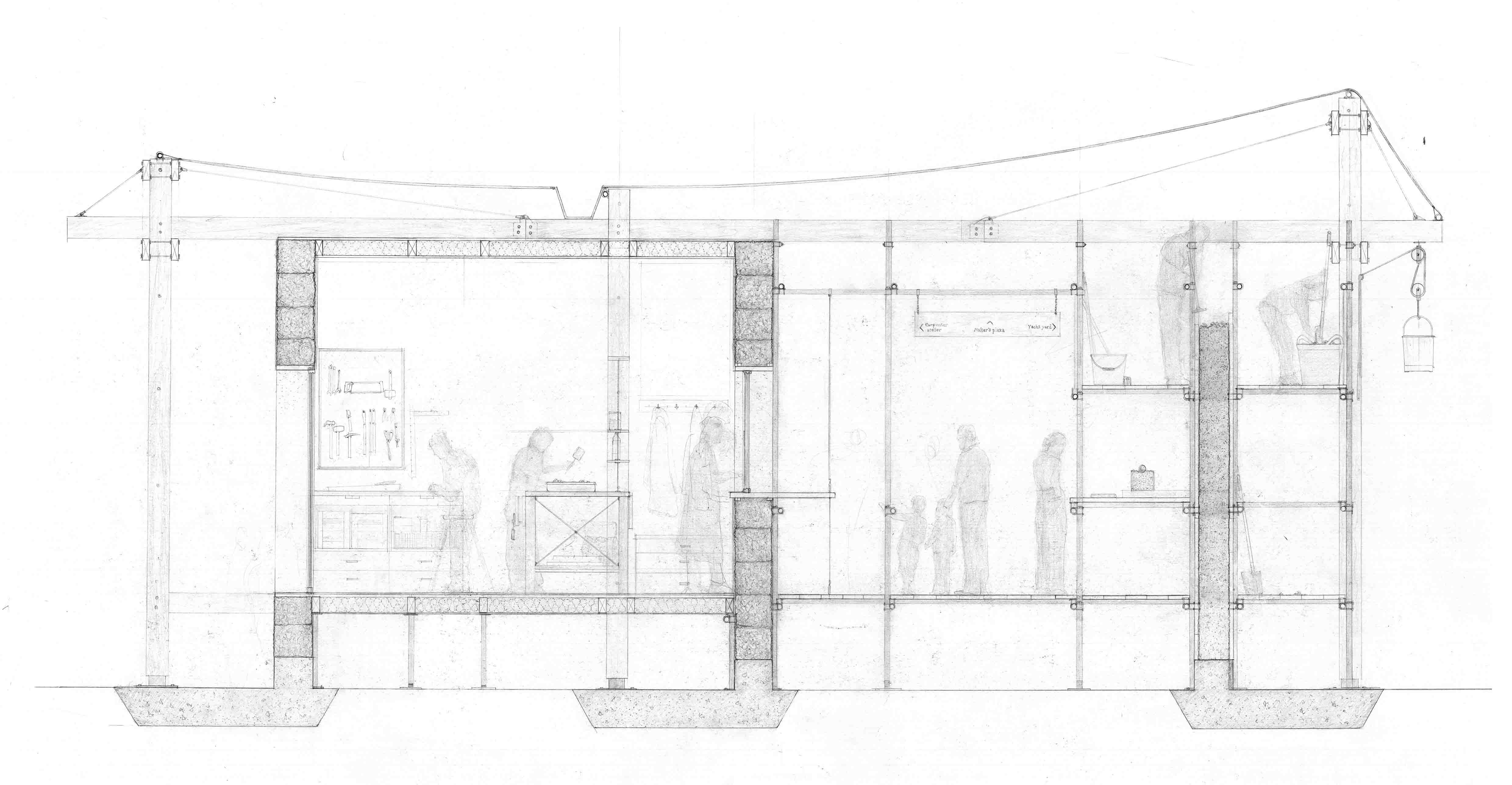 The scaffold walkway in activity, section drawn at 1:20