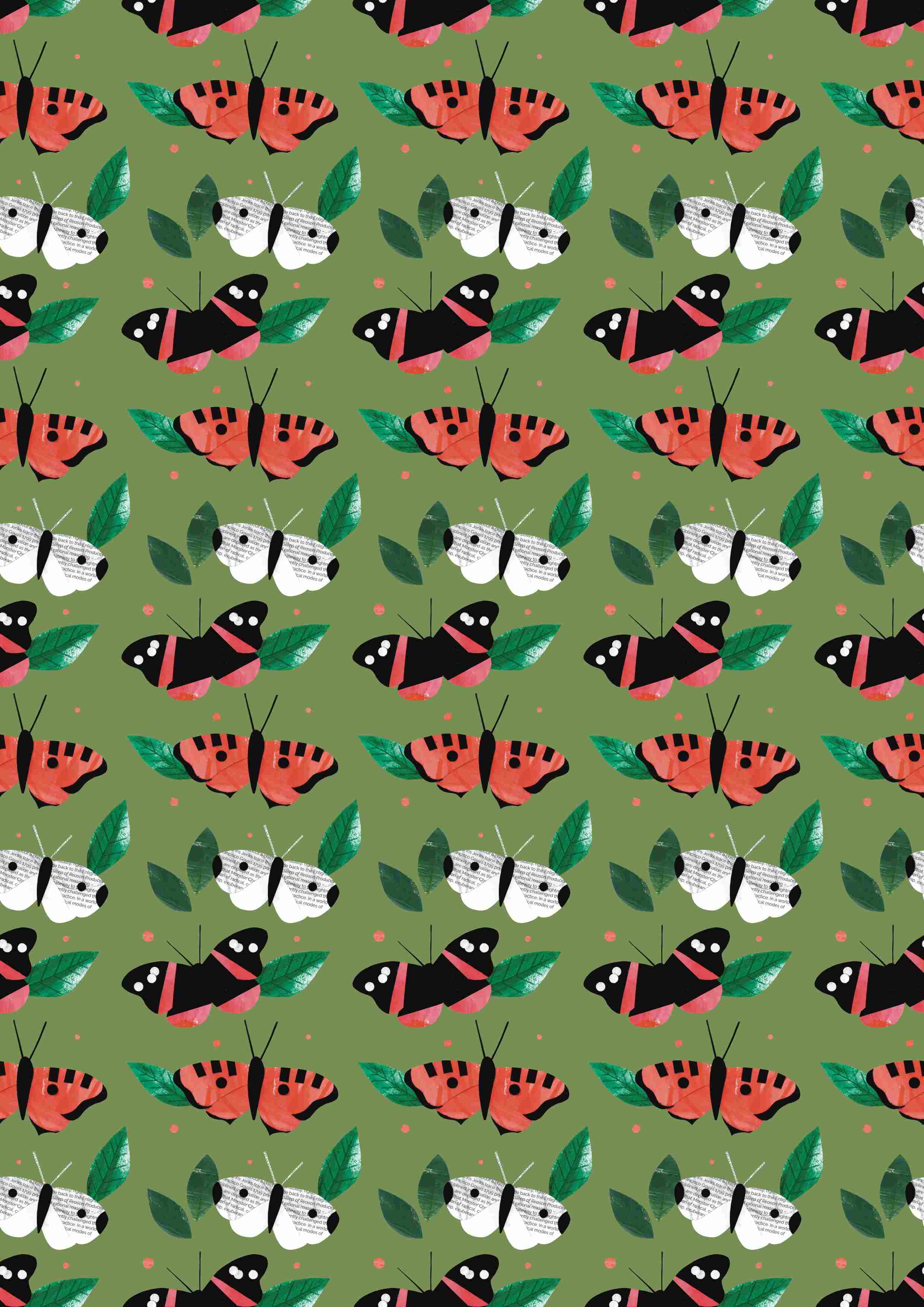 Repeat pattern of different butterfly species on a green background.