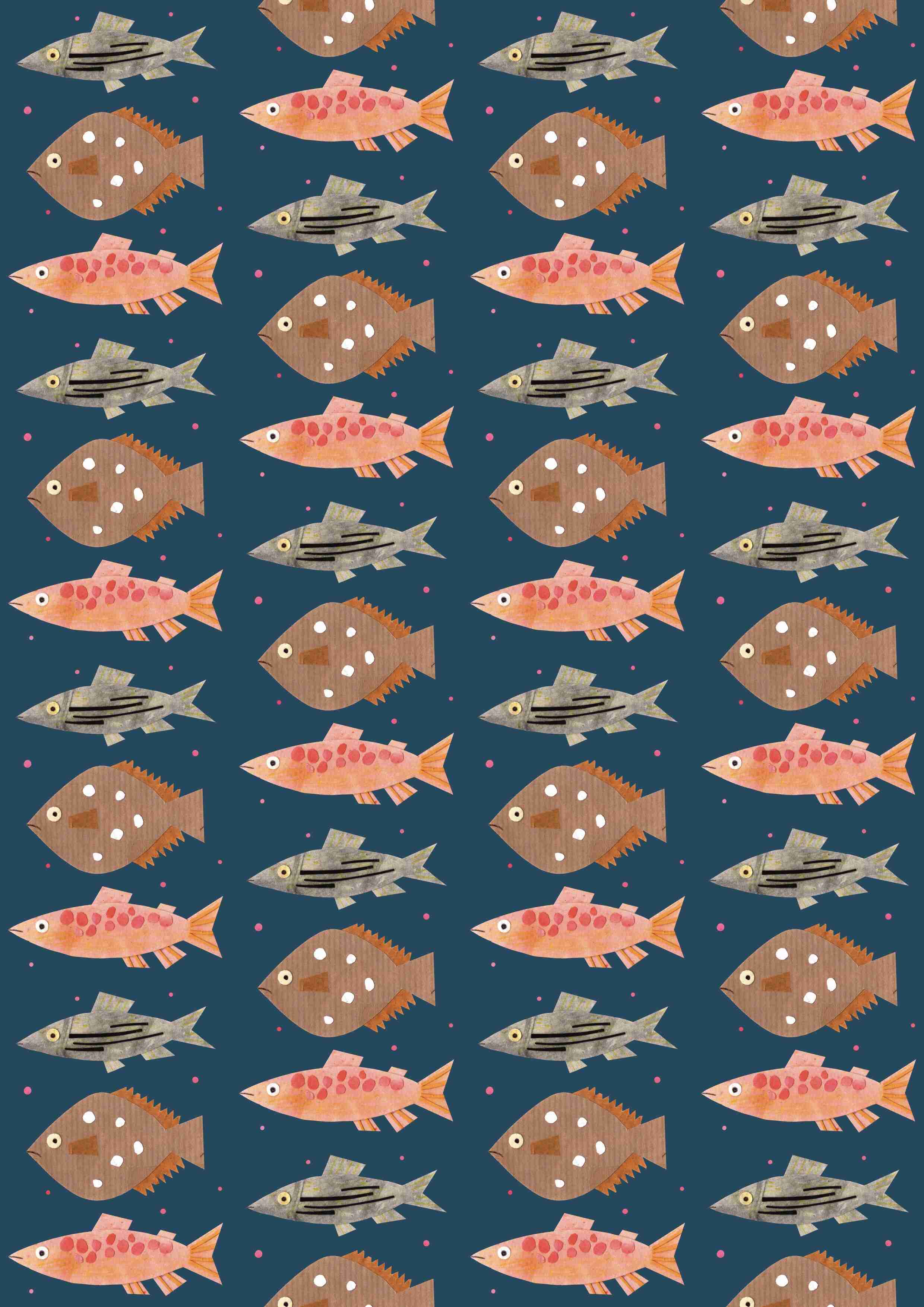 Repeat pattern of different species of fish on a blue background