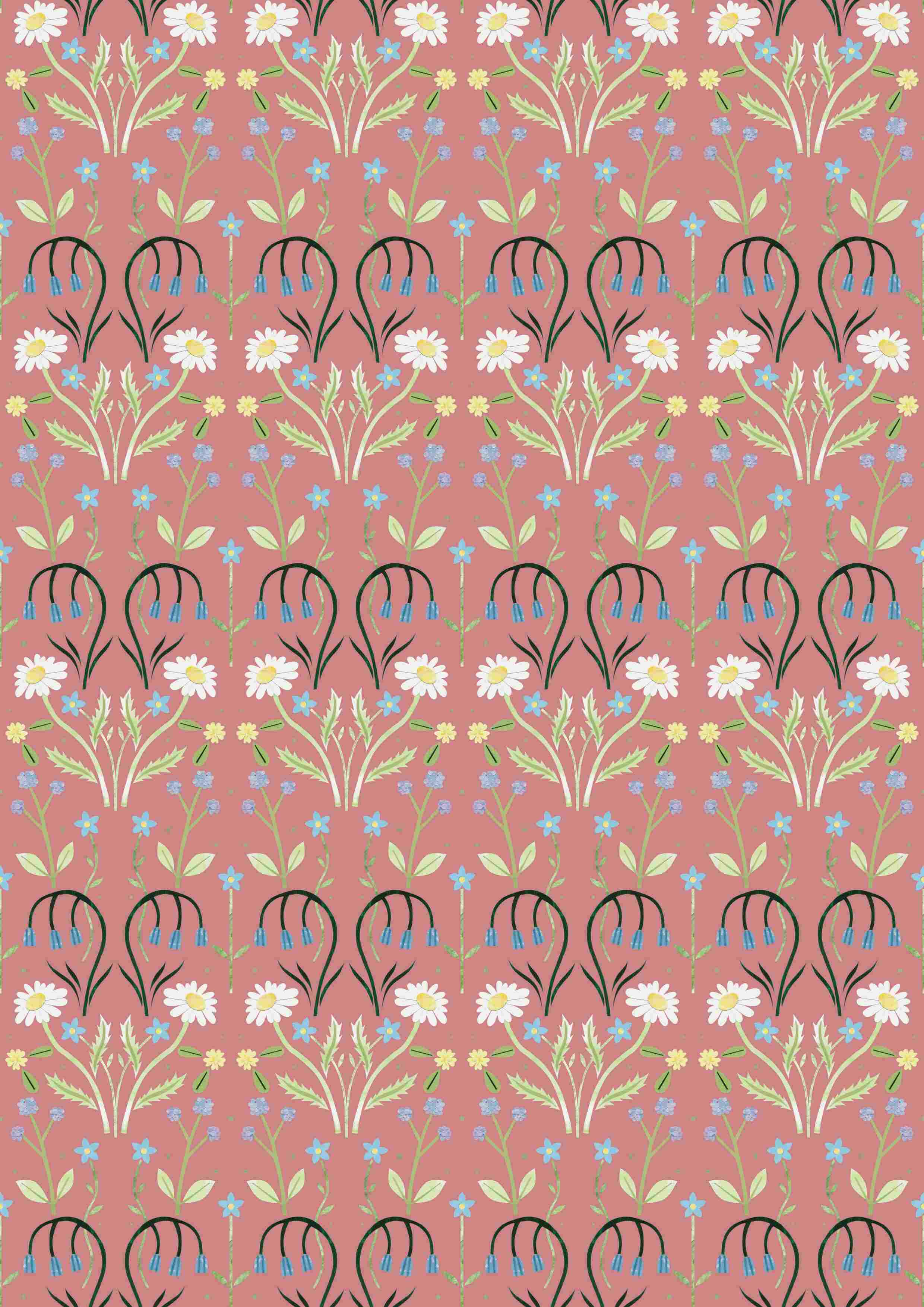 Repeat pattern of different flowers on a pink background