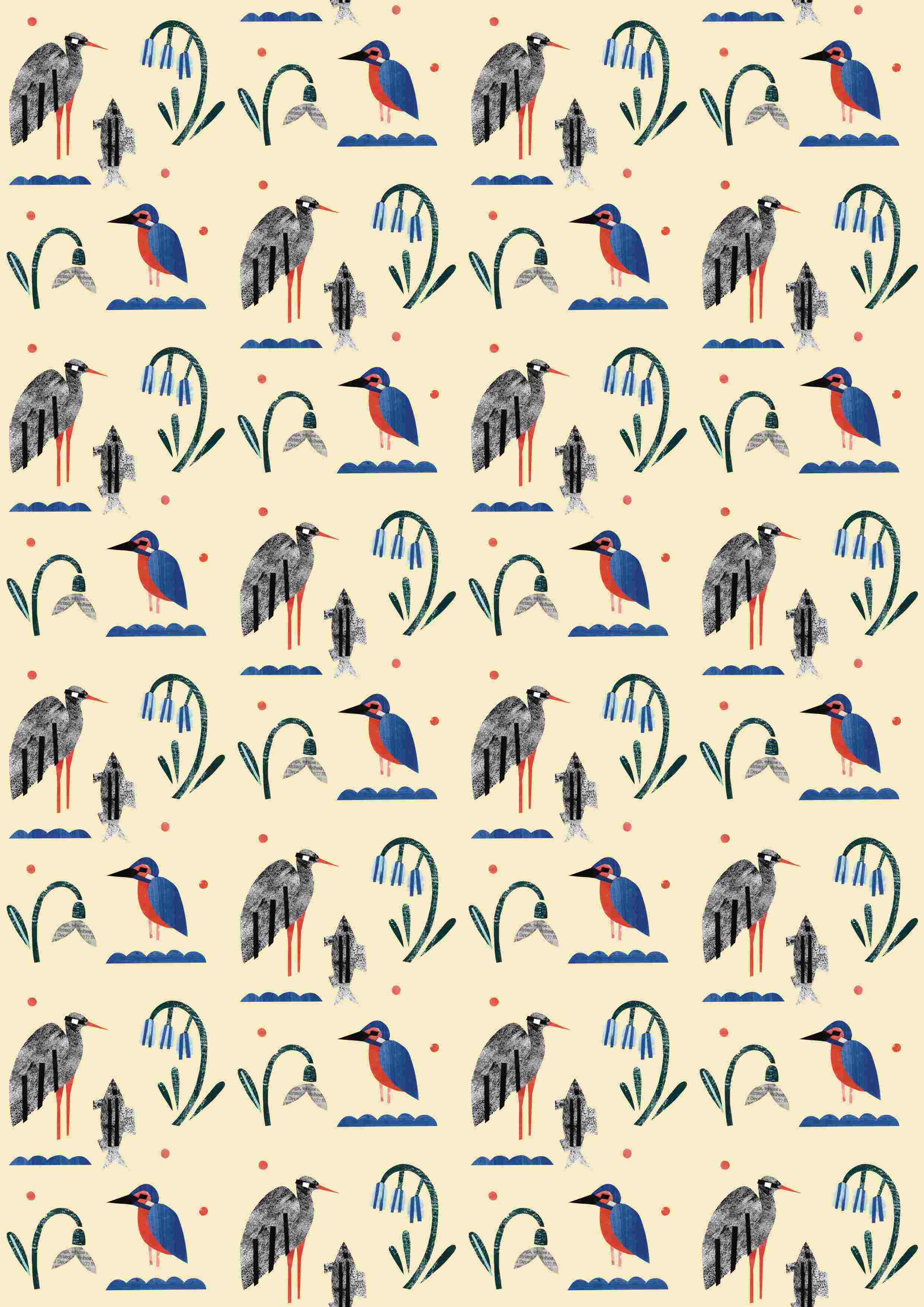 Repeat pattern of different plant and animal species on a cream background