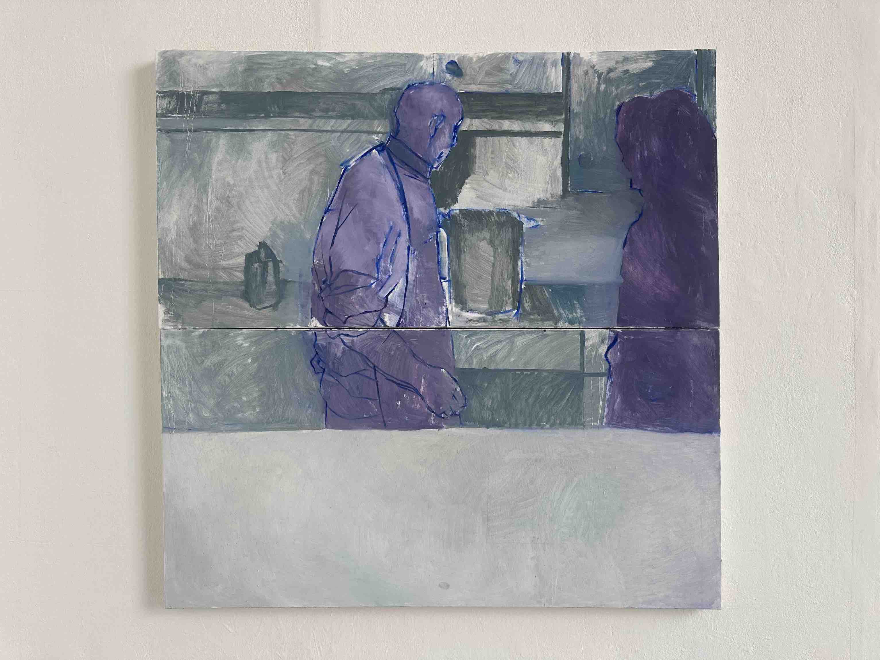 Painting of a man standing at a hob. He is looking away, so we can only see half of his face. A woman stands faceless next to him.