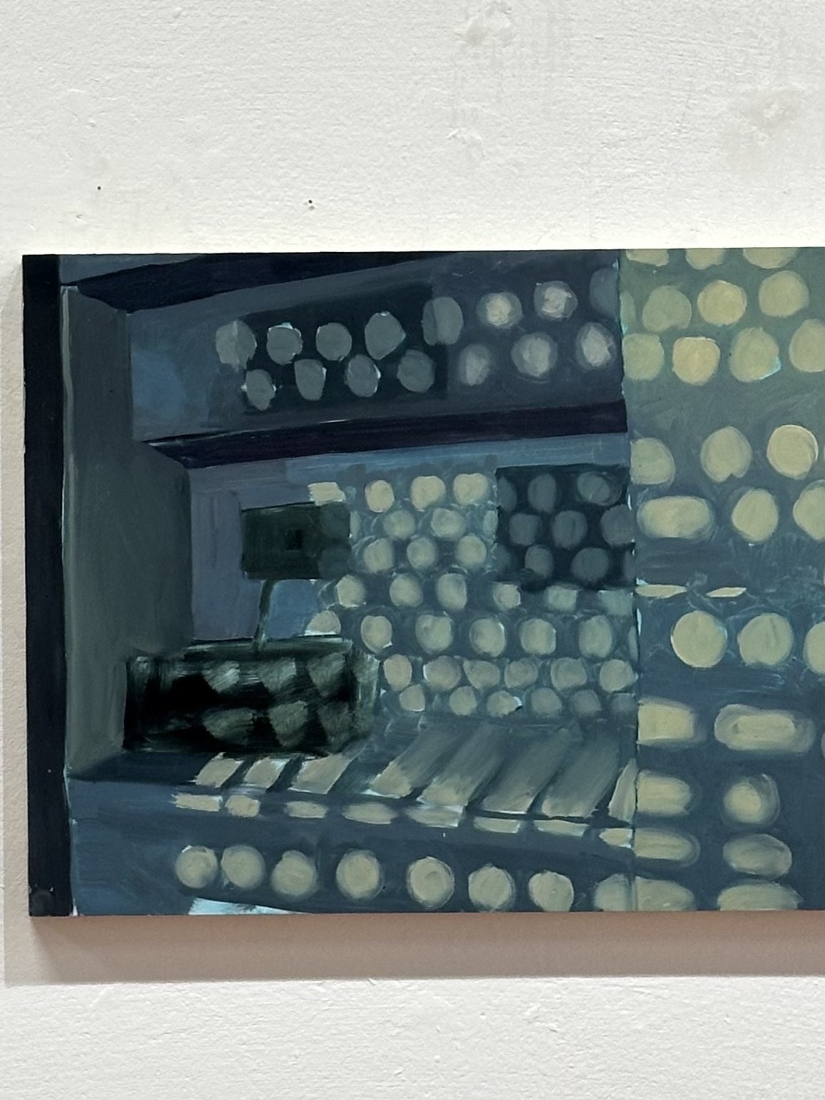 Oil painting of the inside of a cupboard. Light streams in through the blinds.