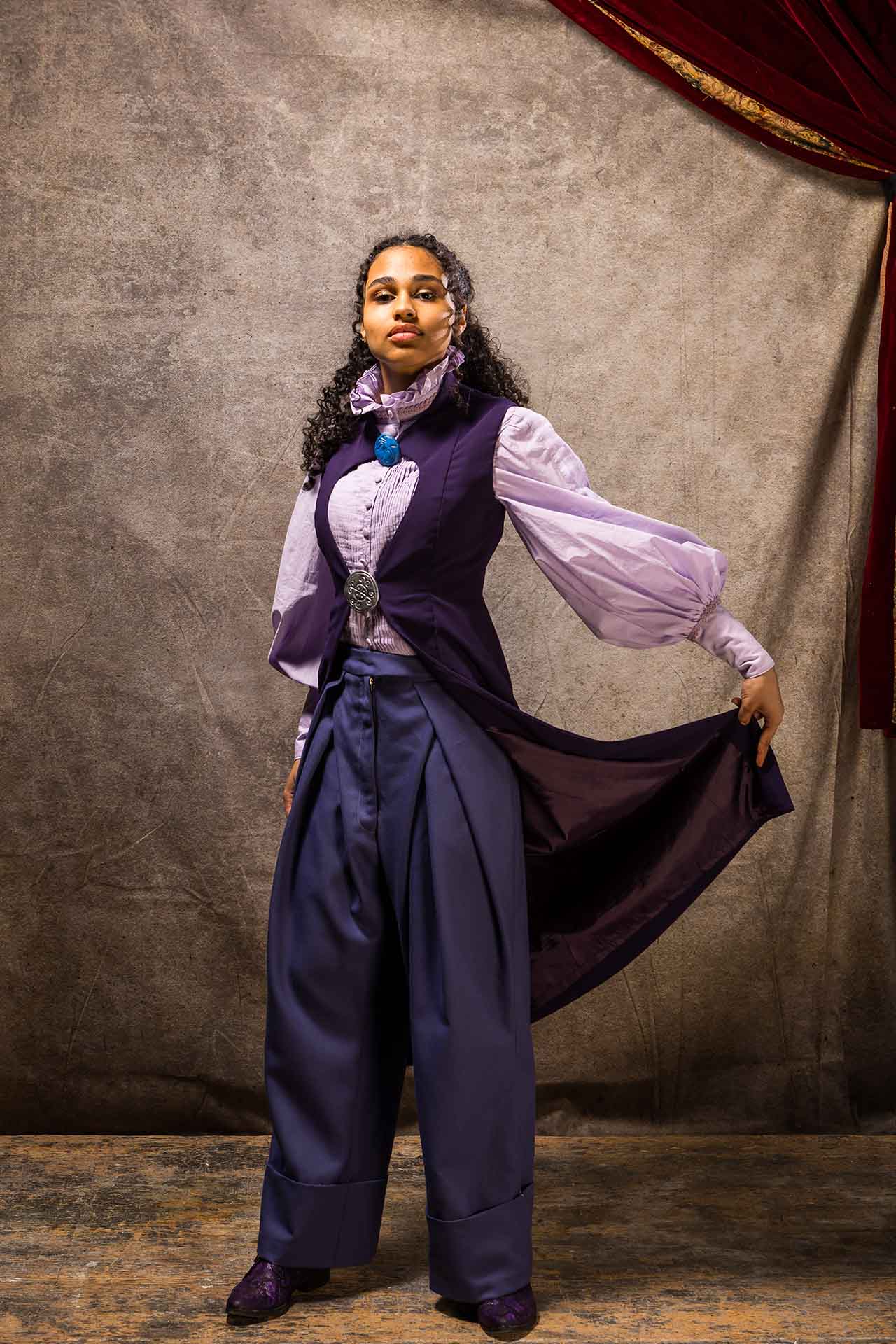All purple outfit on female model, Marcia Overstrand 
