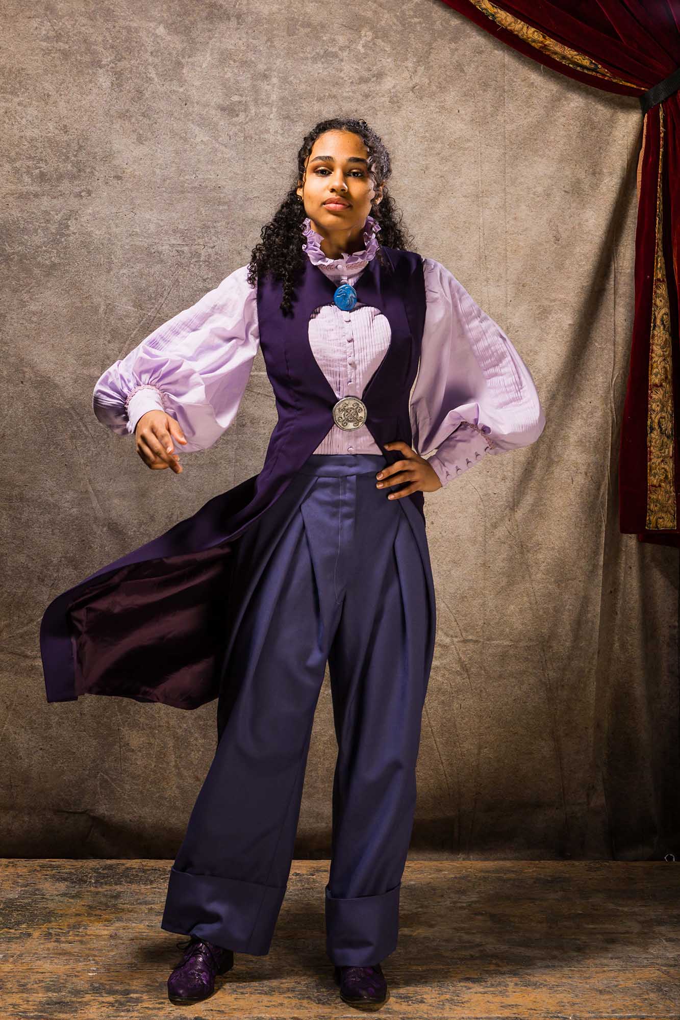All purple outfit on female model, Marcia Overstrand 