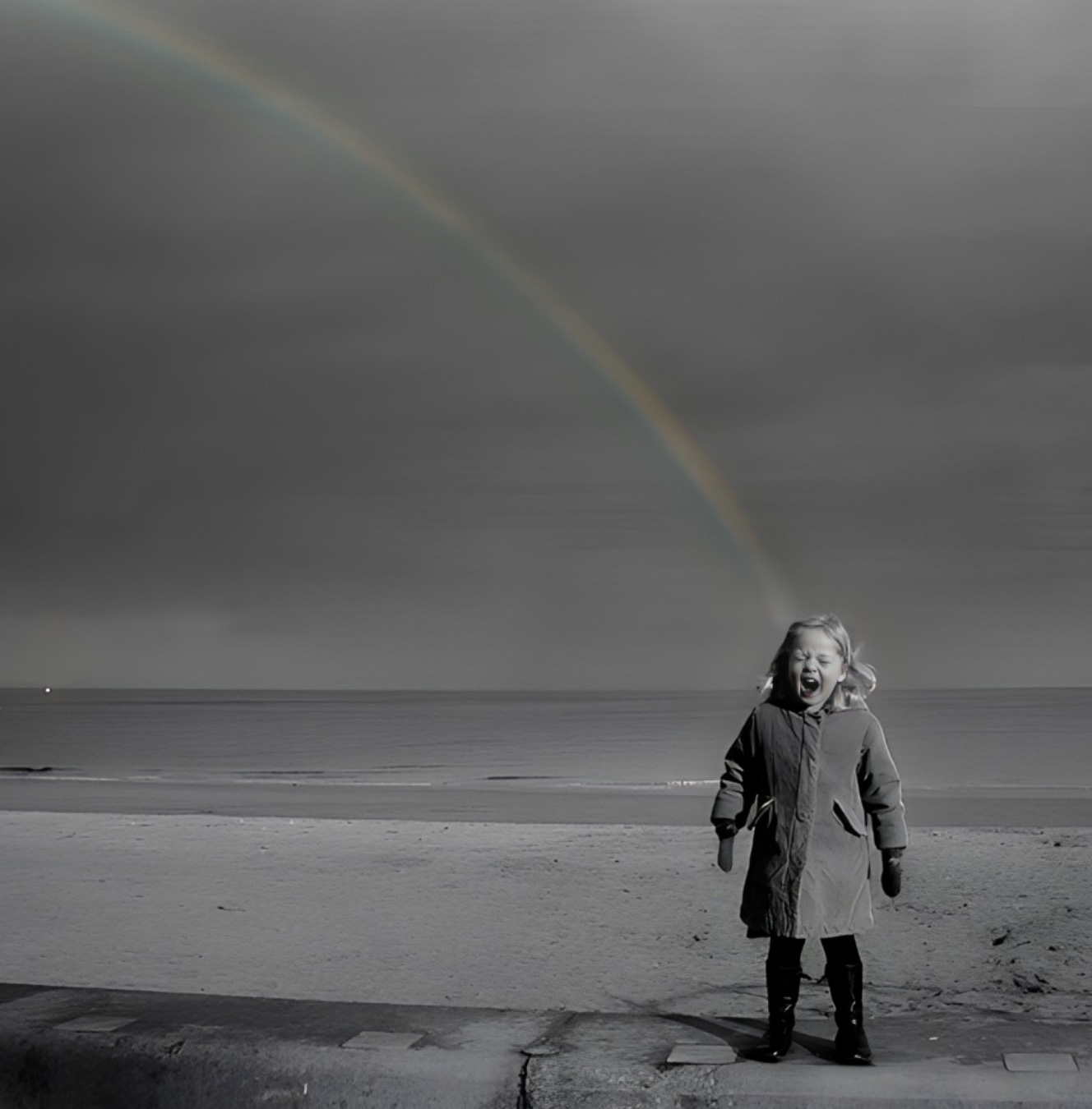 A photo of me as a toddler with an excited look on my face standing at the bottom of a rainbow on Portobello Beach