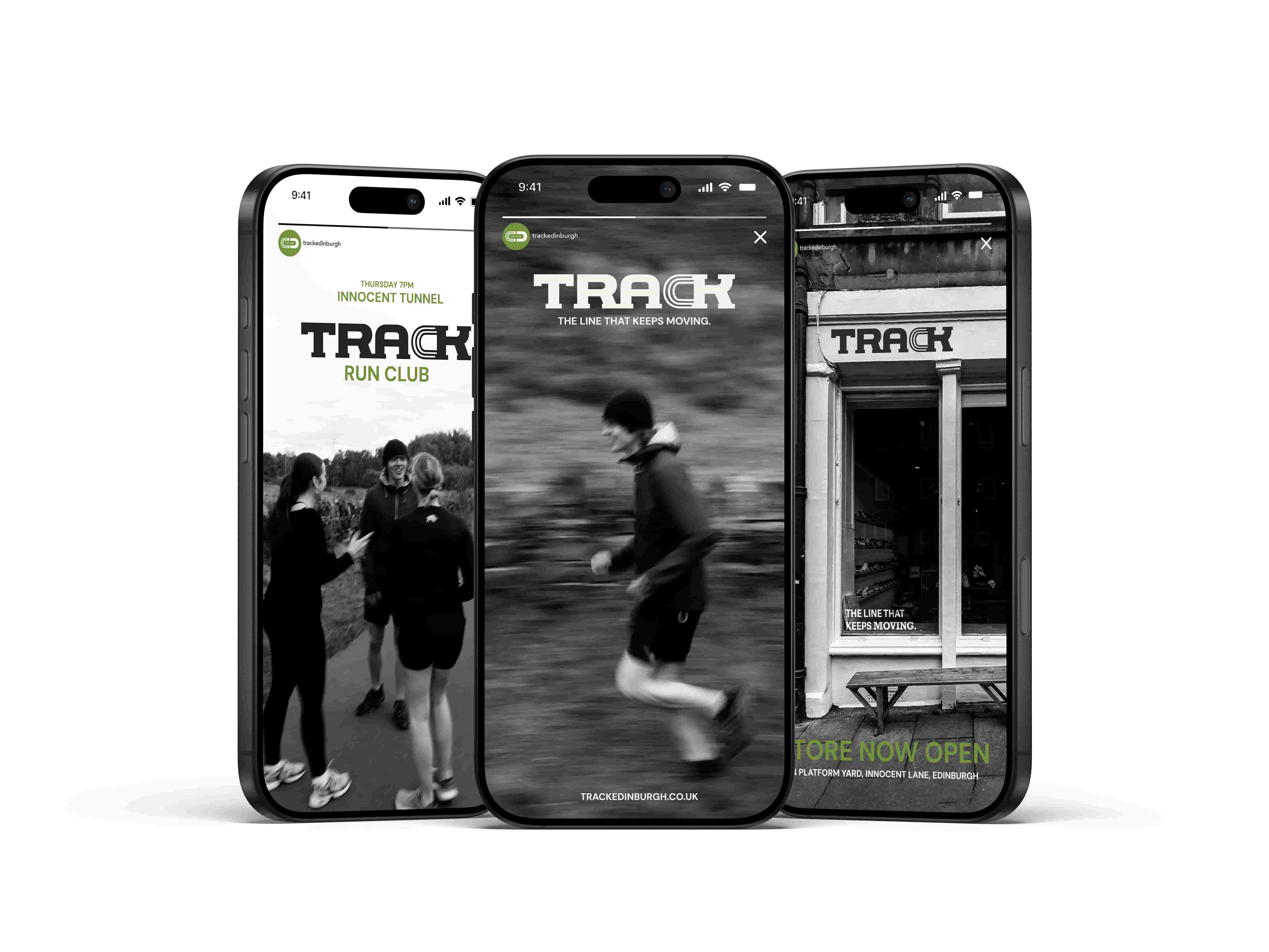     Three smartphone mockups displaying TRACK social media content, including running club promotions, blurred action photography of runners, and storefront announcements. The designs use black and white imagery with green accents and the TRACK logo across Instagram story style layouts