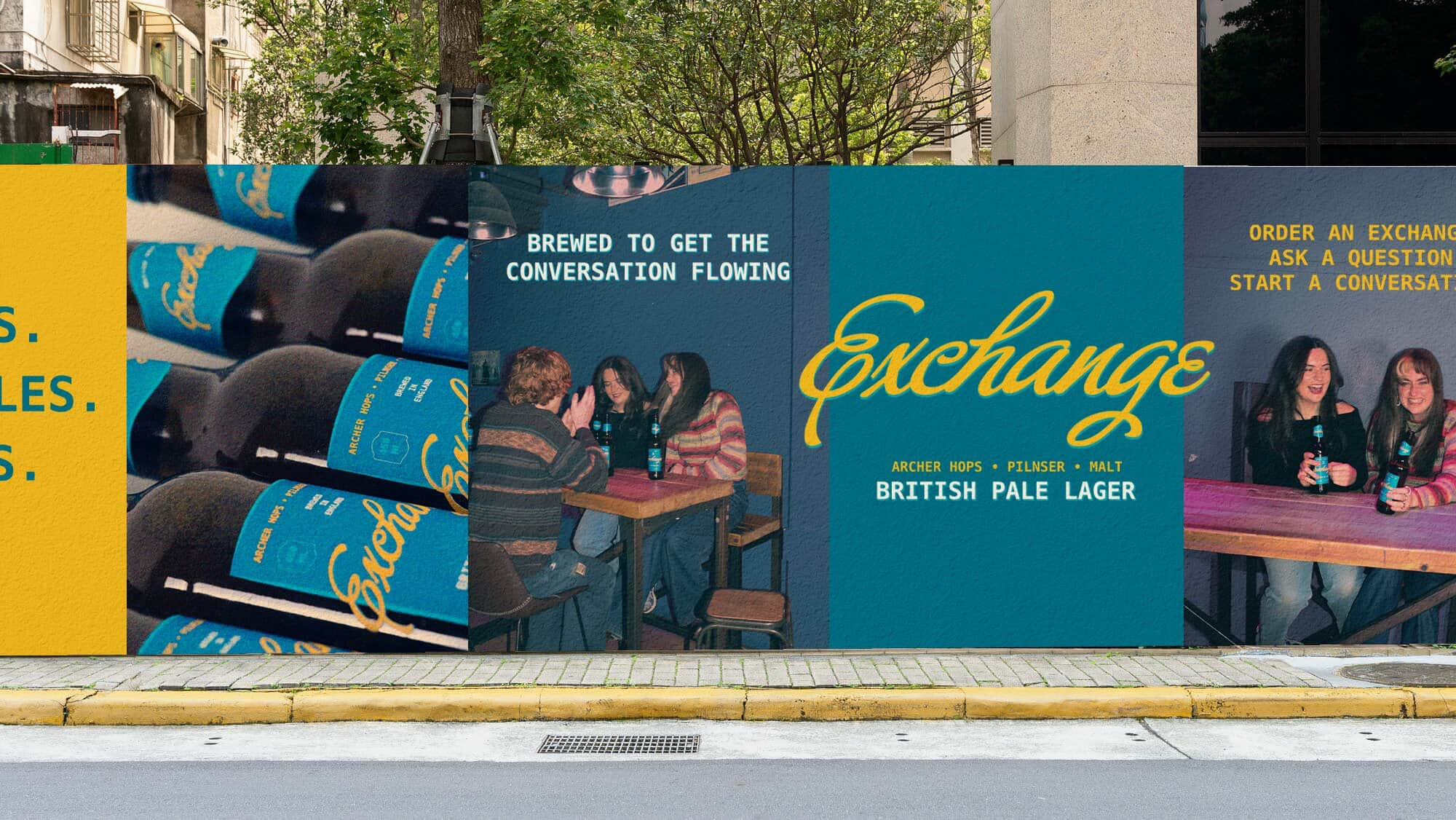     Outdoor advertising boards for ‘Exchange’ British Pale Lager, showing product photography, people drinking at a table, and bold teal and yellow brand graphics.