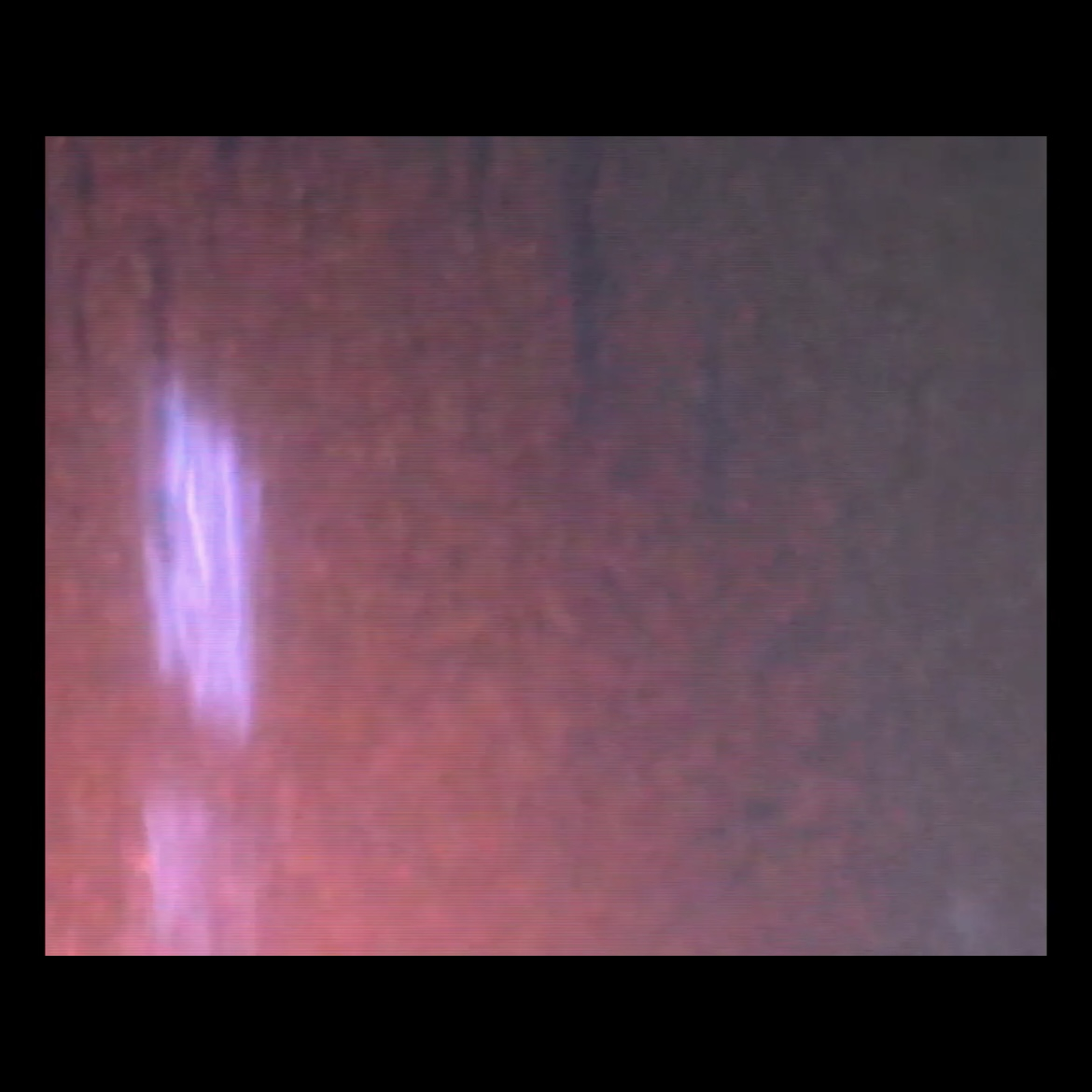 Video still from MP4 video file showing up close of bus window; pink and purple lights.