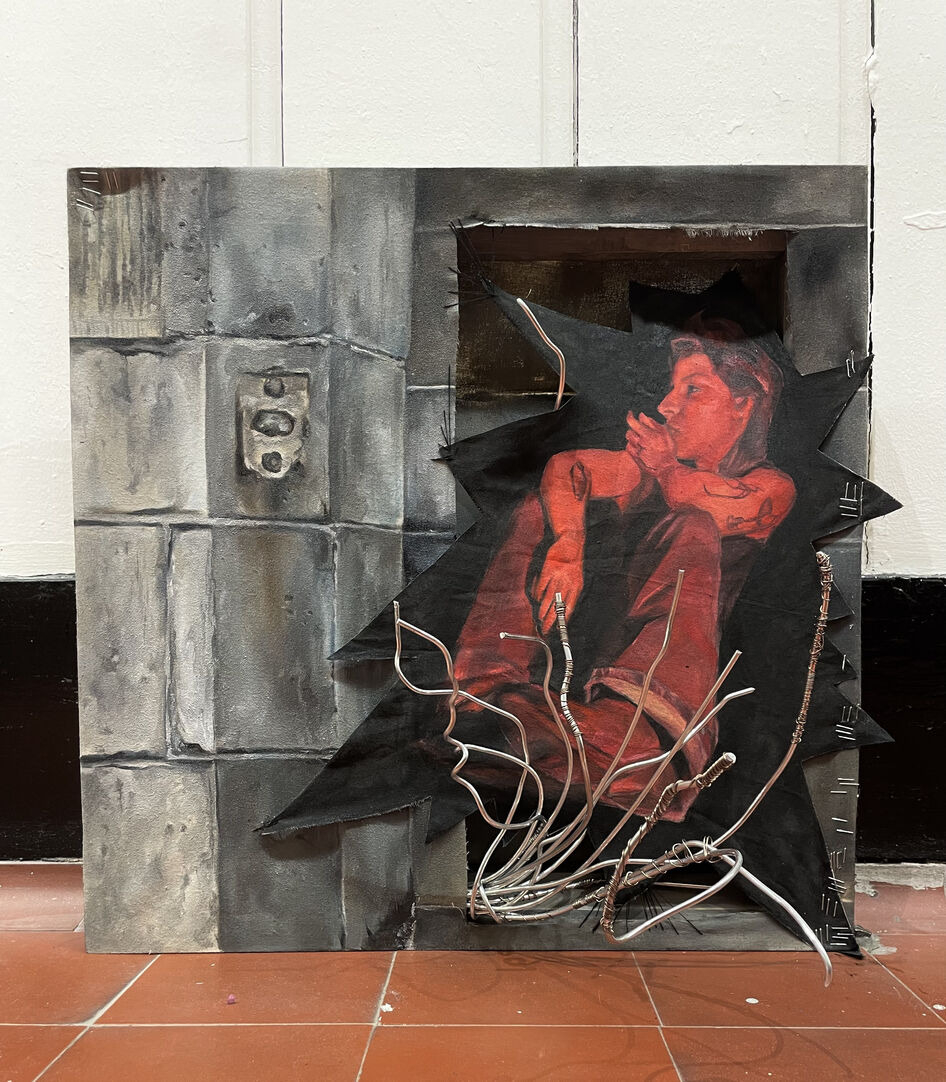 Painting of a red seated woman collaged against a grey wall oil background. Metal wires erupt from the canvas.