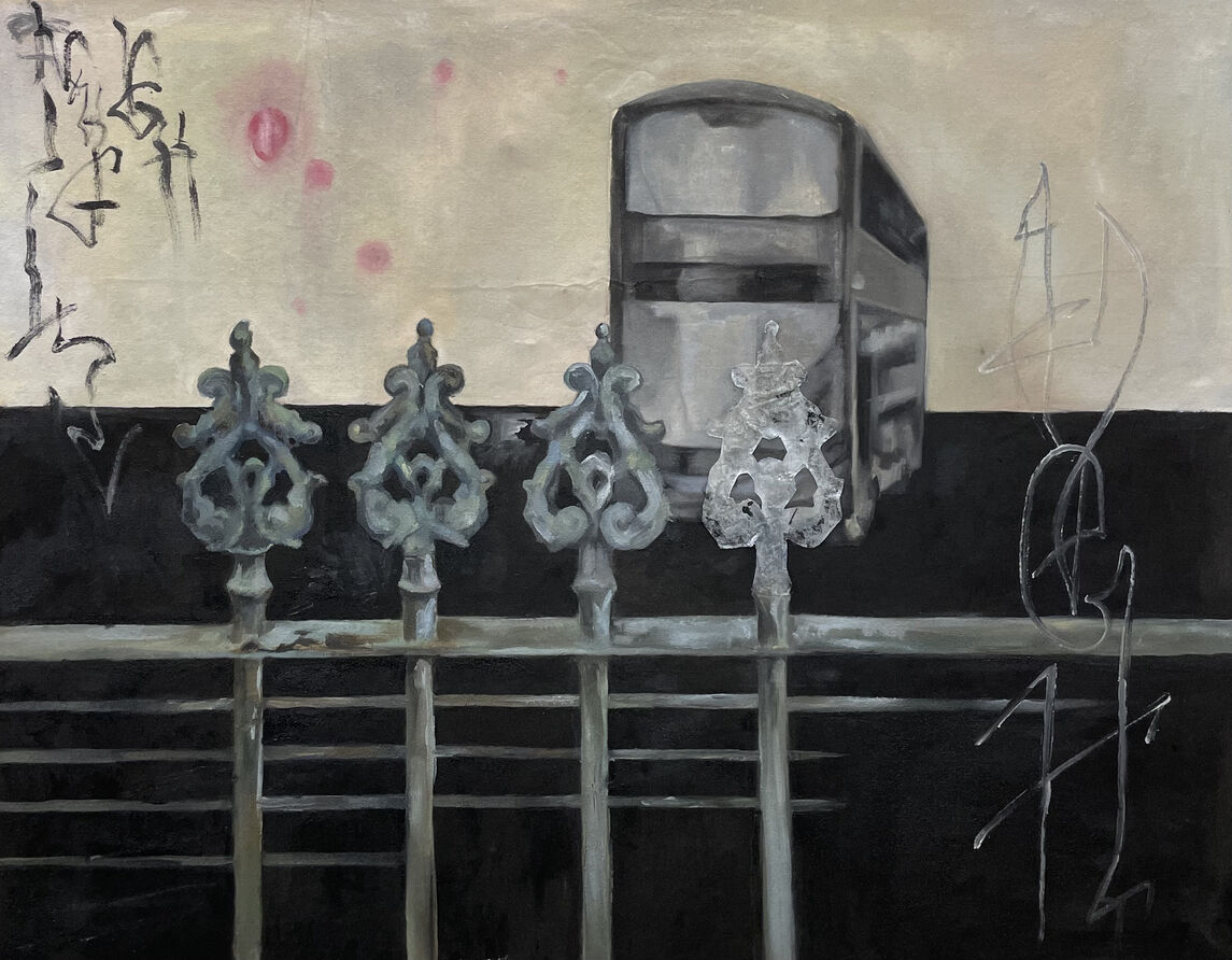 Painting with grey bus behind fragmented fence.