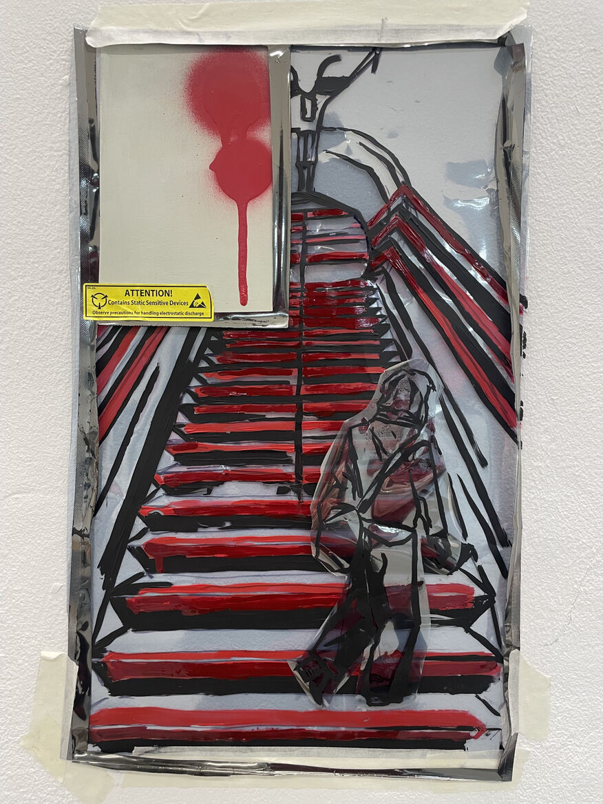 Collaged painting of a London underground staircase.