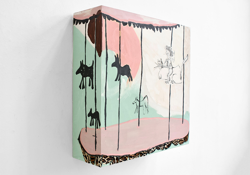 3D pink and blue painting of a fairground 