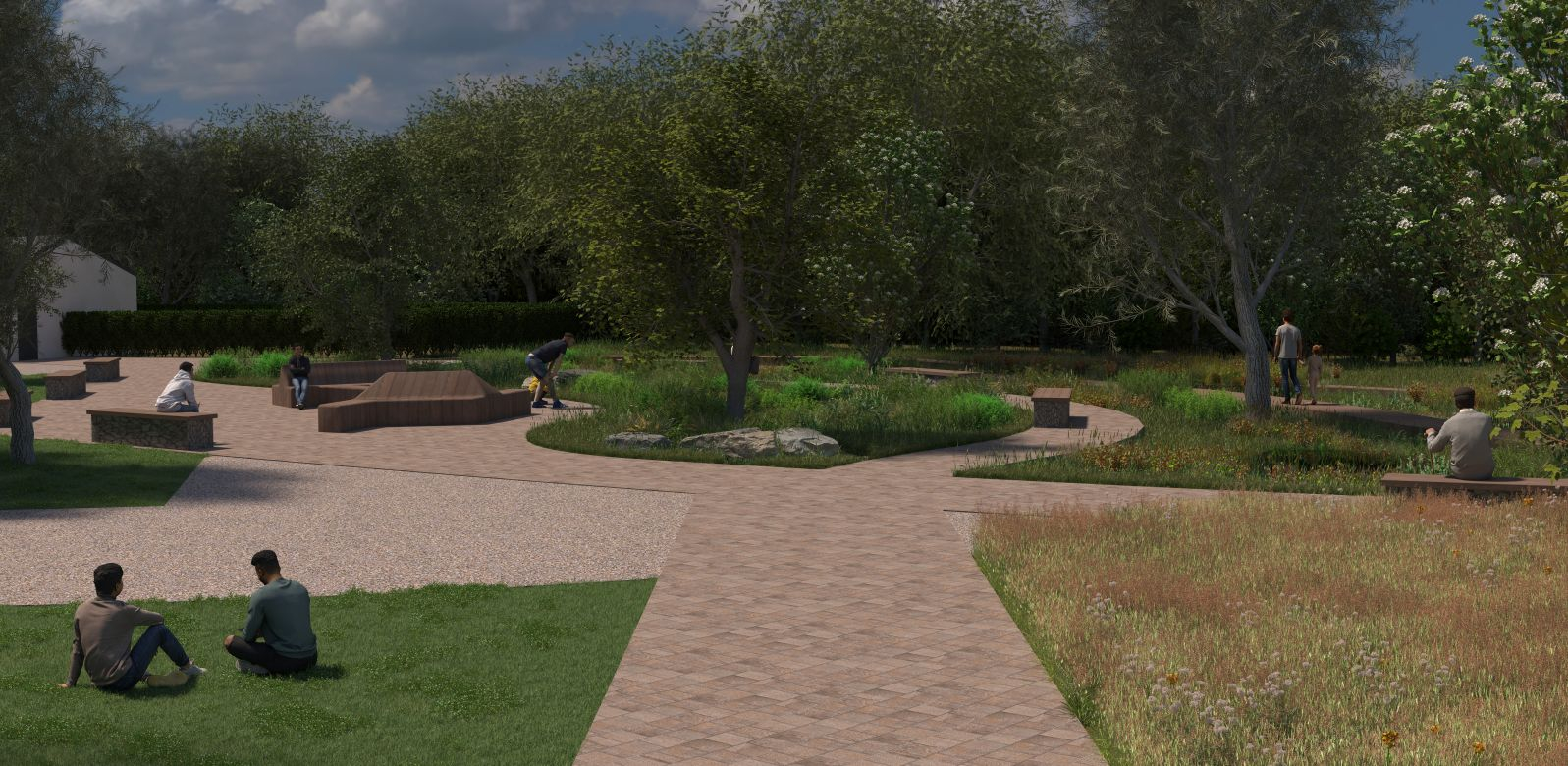 Perspective view of rain garden entry point