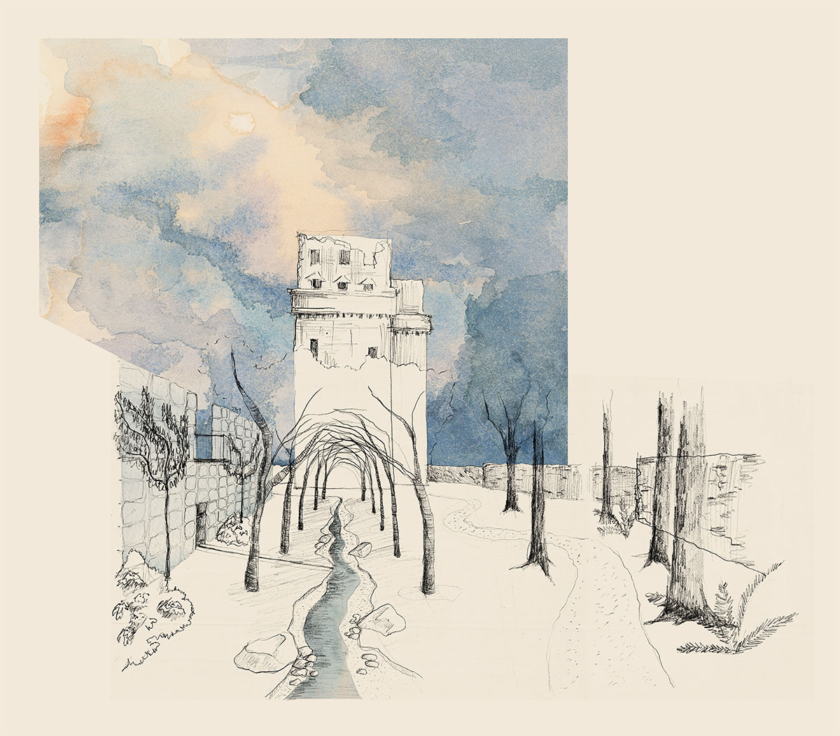perspective of Paradise garden showing rills centred on Preston Tower in distance