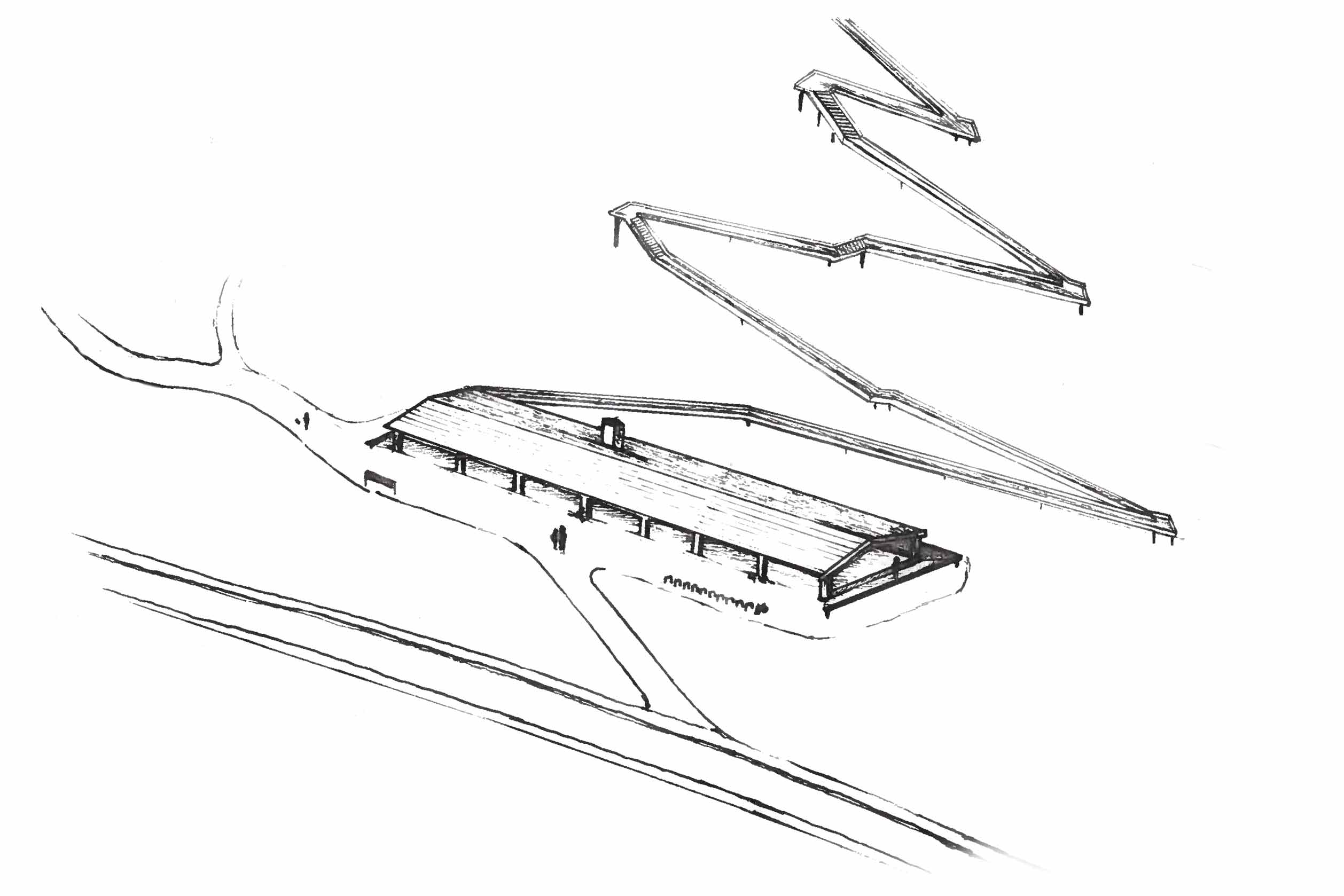 Isometric line drawing of new entrance at eastern edge.