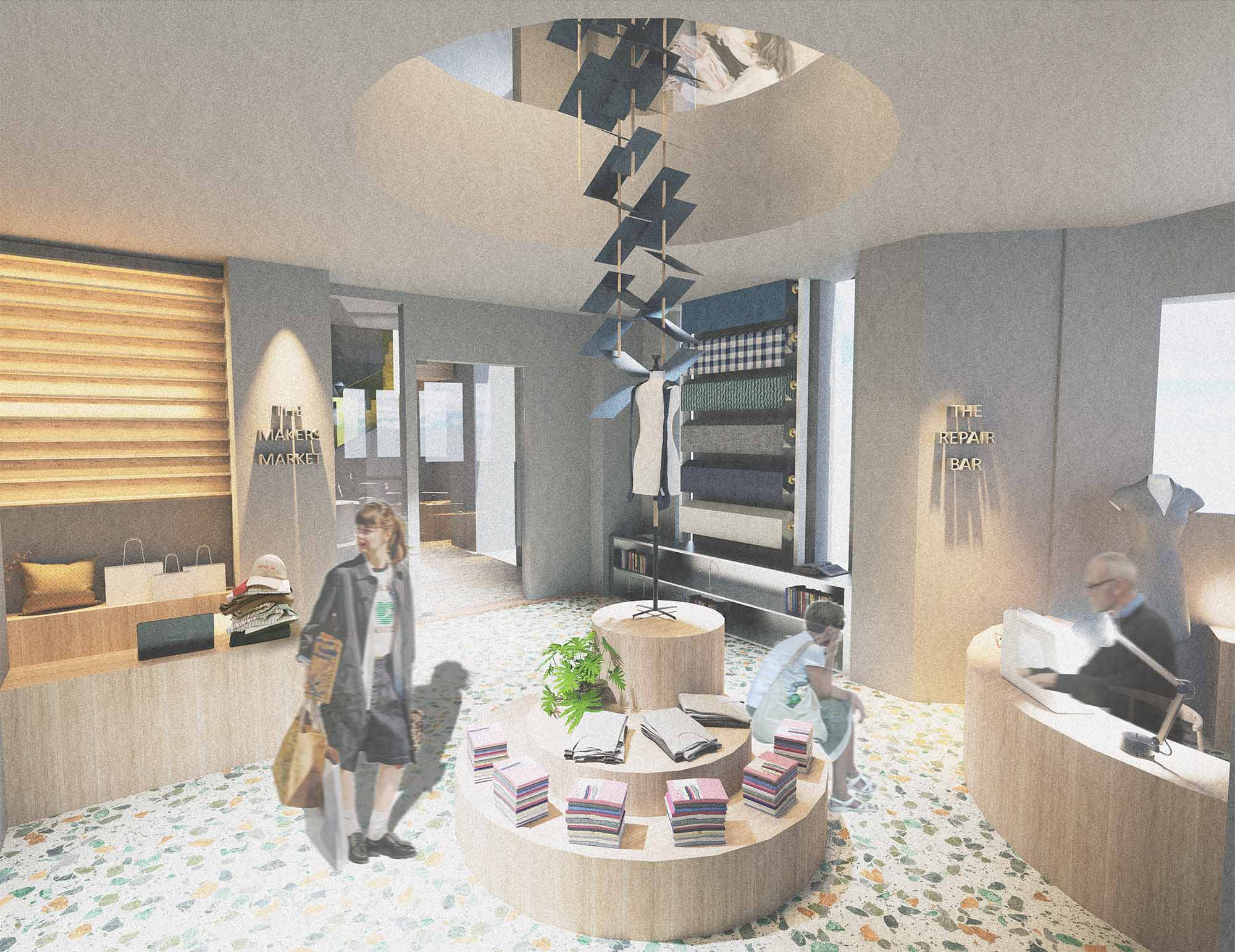 Render showing the retail store within the material yard