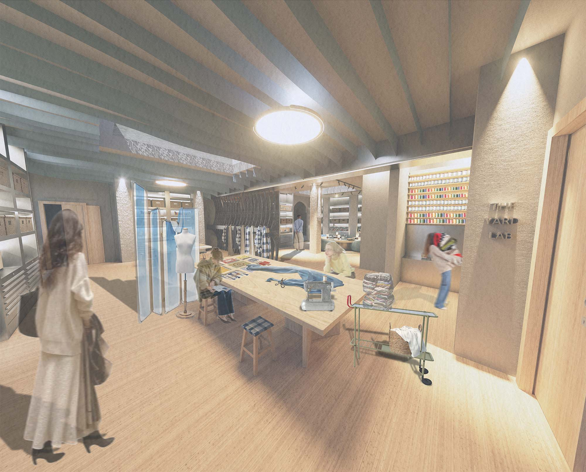 render showing Wide view of the yard lab and stitch lounge