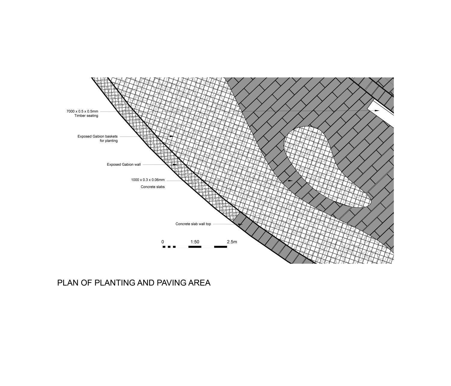 Paving and planting area detail from plan view.