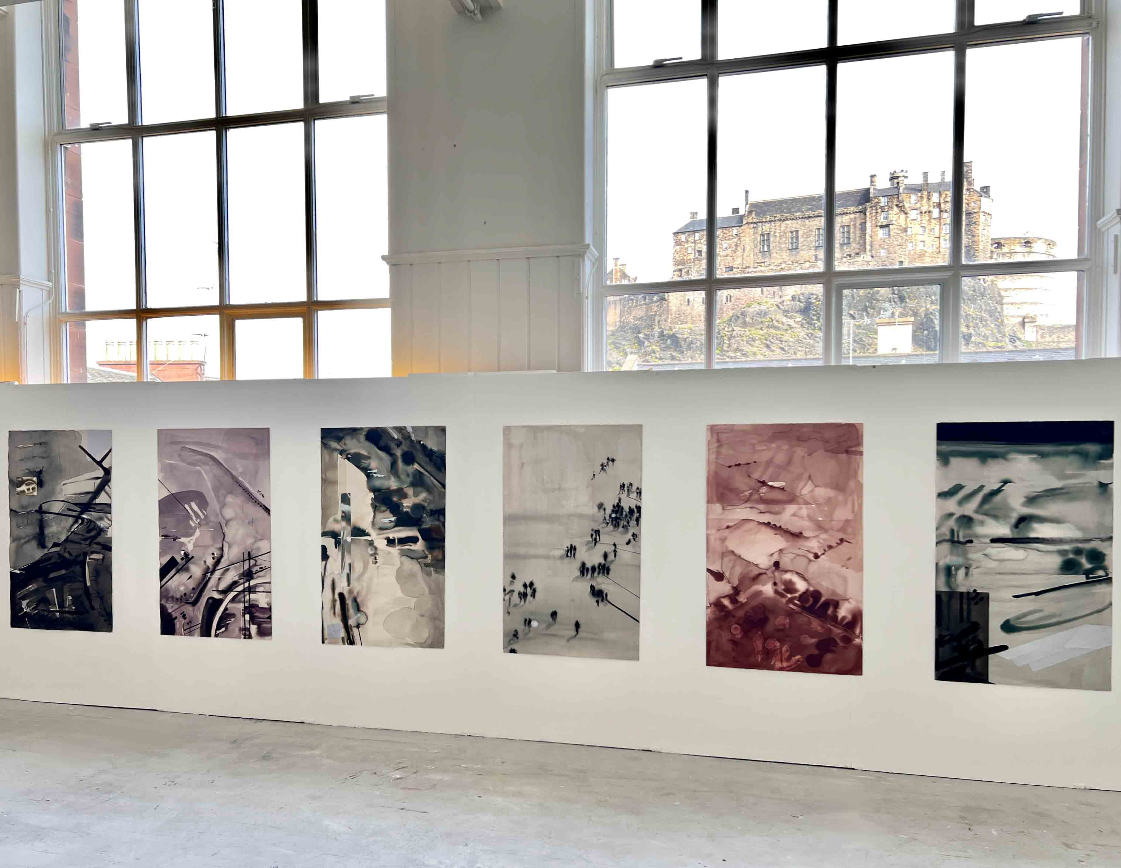 The Art of Surveillance, graduate show exhibition view, ink, silver paper, masking fluid on 300gsm Saunders Waterford rough watercolour paper, 92cm x 152cm x6, C.06, Edinburgh College of Art, 05/05/2026