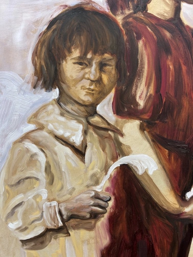 Closeup of At The Graveside: A young girl in a pale dress and short hair stands holding something. It might be a flower.