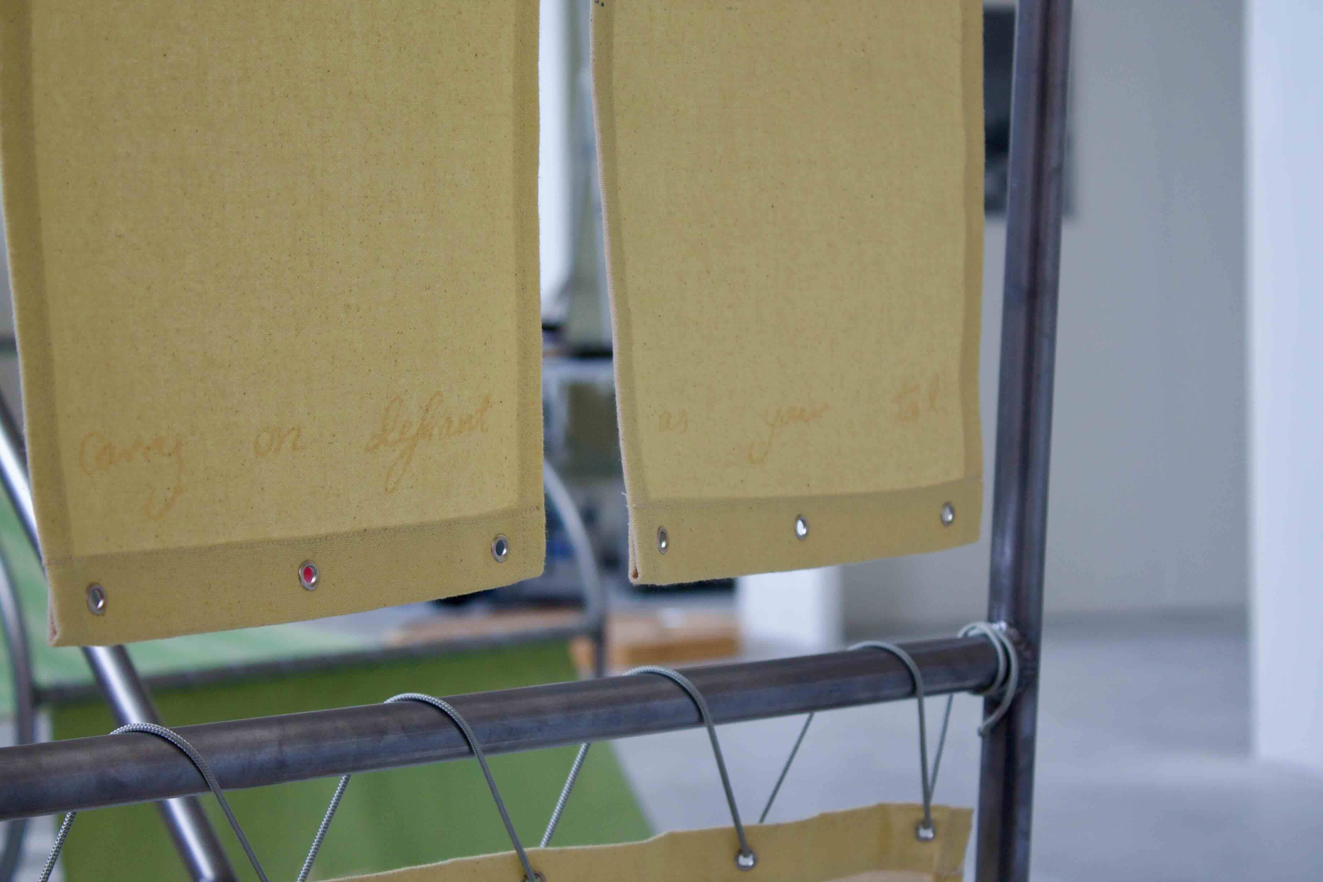 Details of the hanging fabric on the 'n frame', '...and the seasons carry on, defiant as your toil'