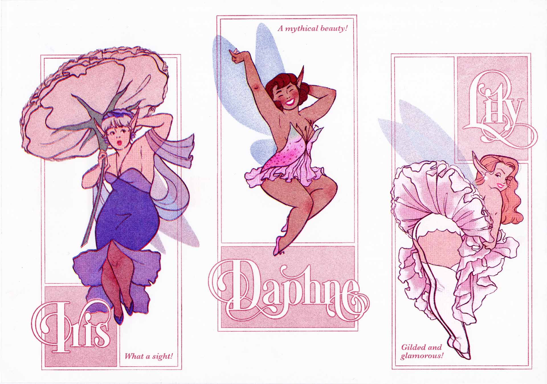 A risograph print of three fairies named Iris, Daphne, and Lily.