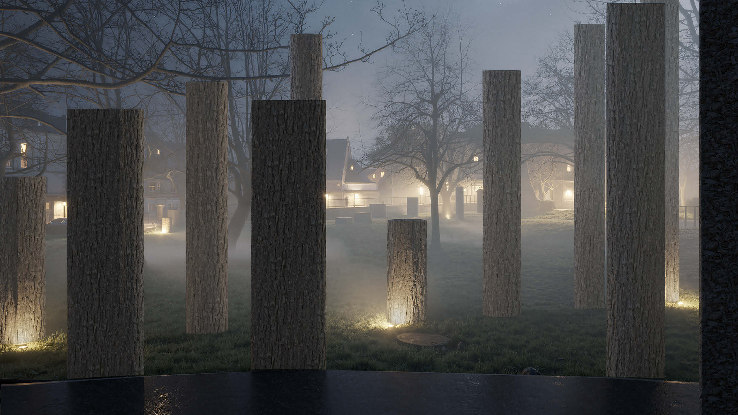Perspective view of the moment of arrival among the timber posts at night. Posts of varying heights are illuminated from below, casting upward columns of light through drifting mist. Existing trees rise above the posts, and the residential neighbourhood is faintly visible through the haze in the background.