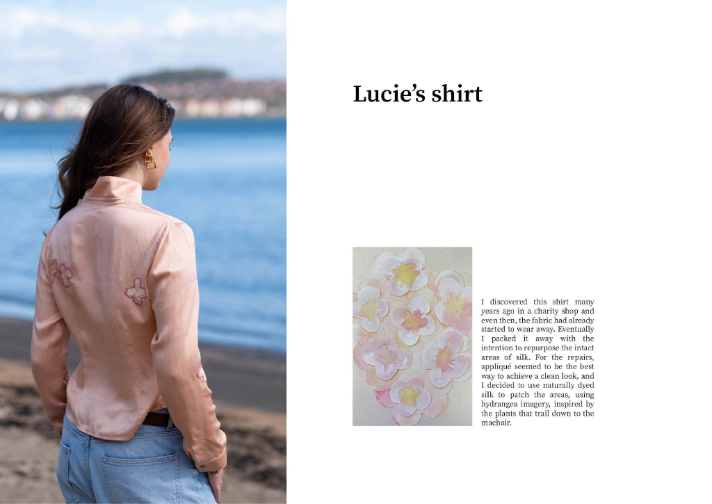 Shirt repaired with embroidery. Soft pink and orange tones. 