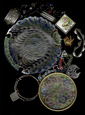 Photocopy scan of ceramic bowls and jewellery