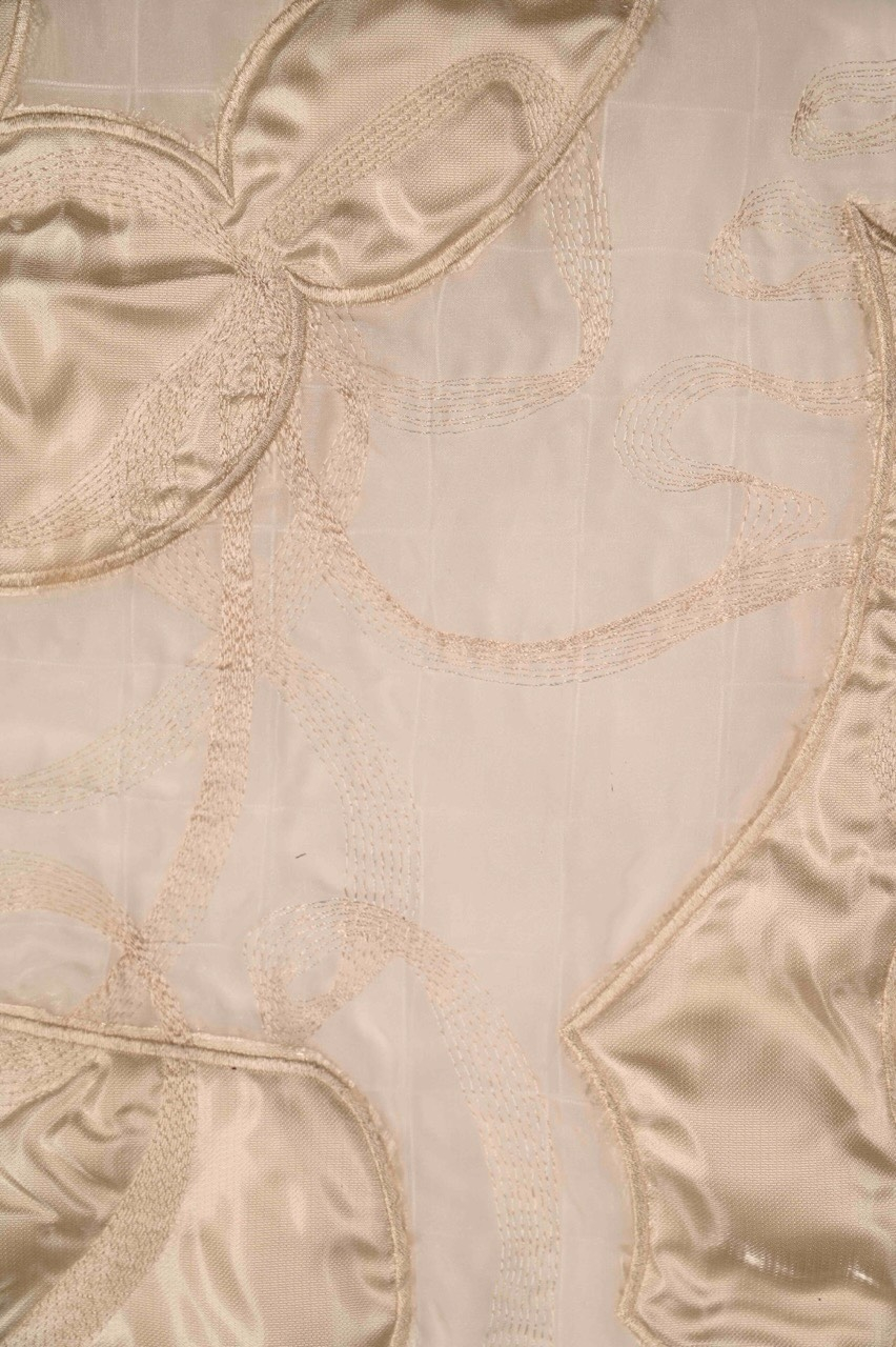 Cad Embroidery applique- ribbon weave & pink silk organza & polyester crystal reflective satin 
