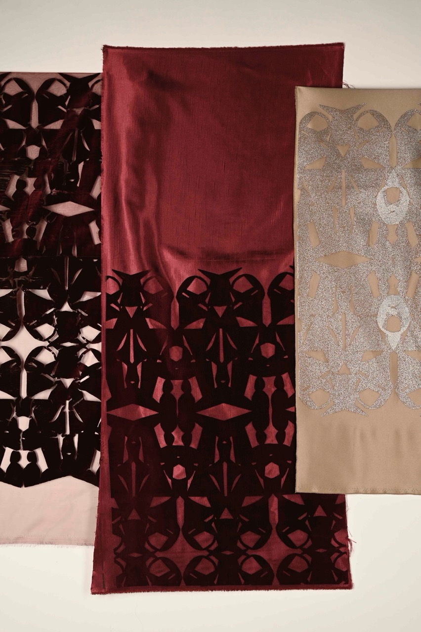 Screen print- burgundy duchess satin & brown duchess satin & burgundy organza