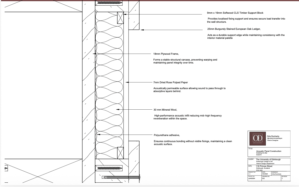 The acoustic panel system was developed to manage mid-to-high frequency reverberation within the performance environment while maintaining a refined and cohesive material language. Concealed fixings, mineral wool insulation, and bespoke pulped paper surfaces create a layered acoustic assembly that contributes both technically and atmospherically to the interior.