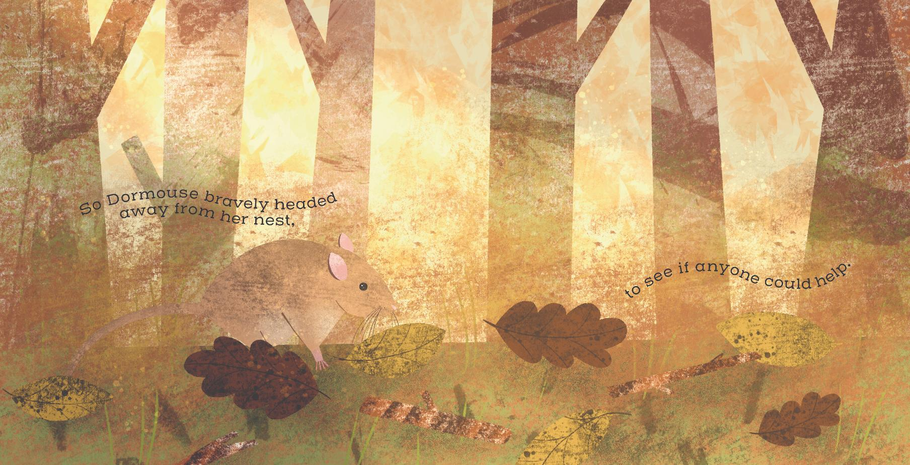 Illustration of a dormouse with trees in the background.