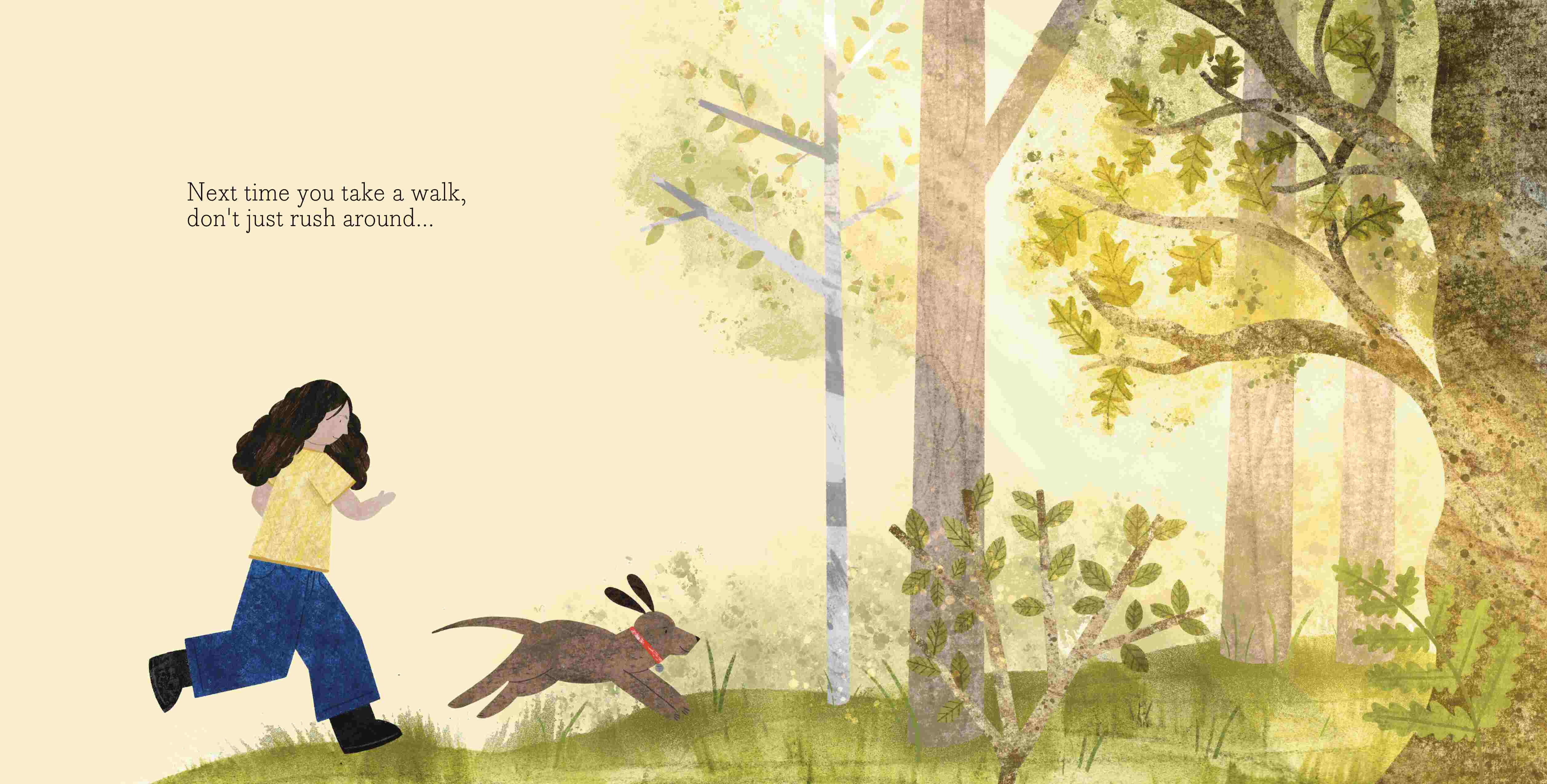 Illustration of a child and her dog running towards a woodland.