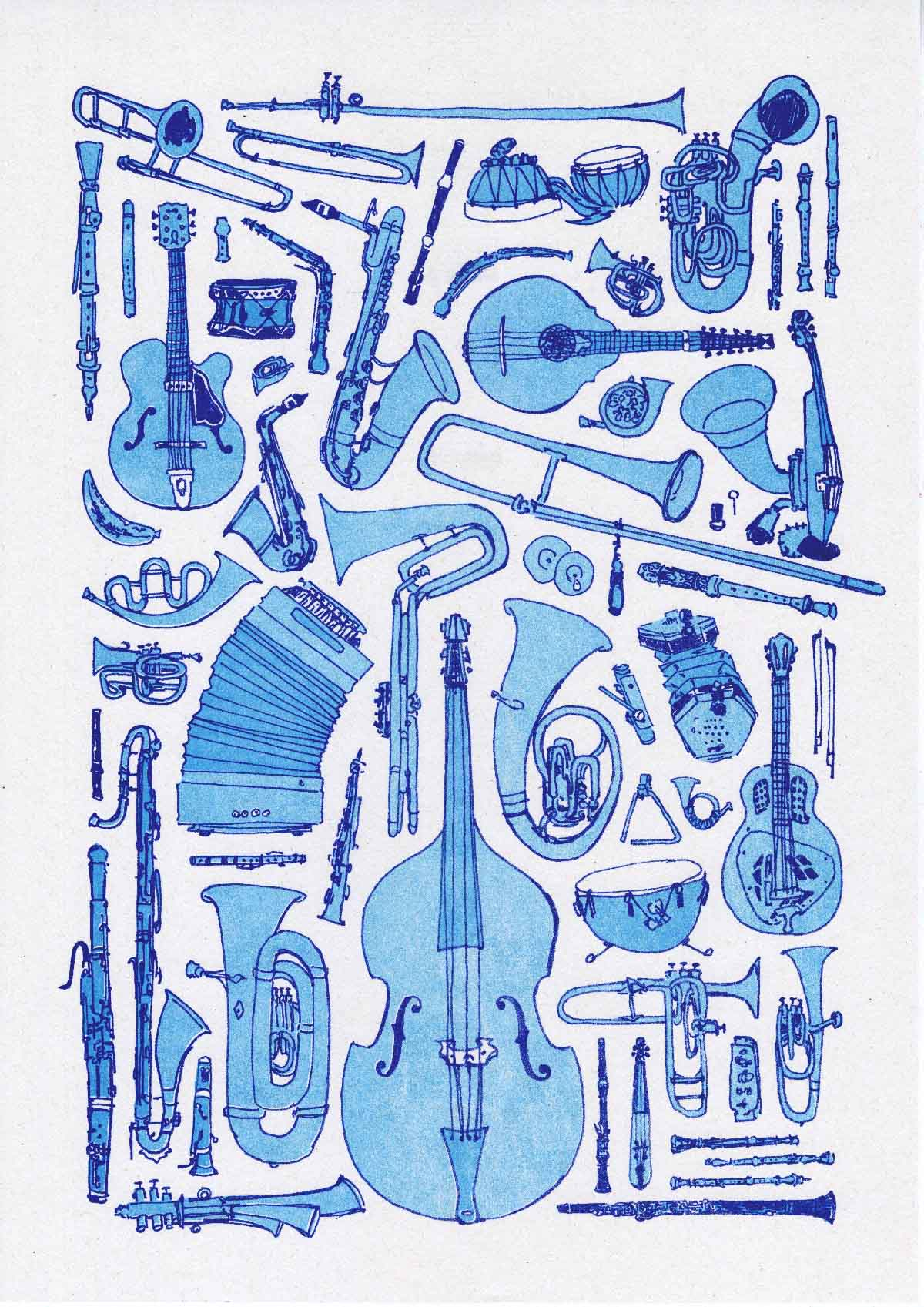 A blue risograph poster depicting an arrangement of many instruments.