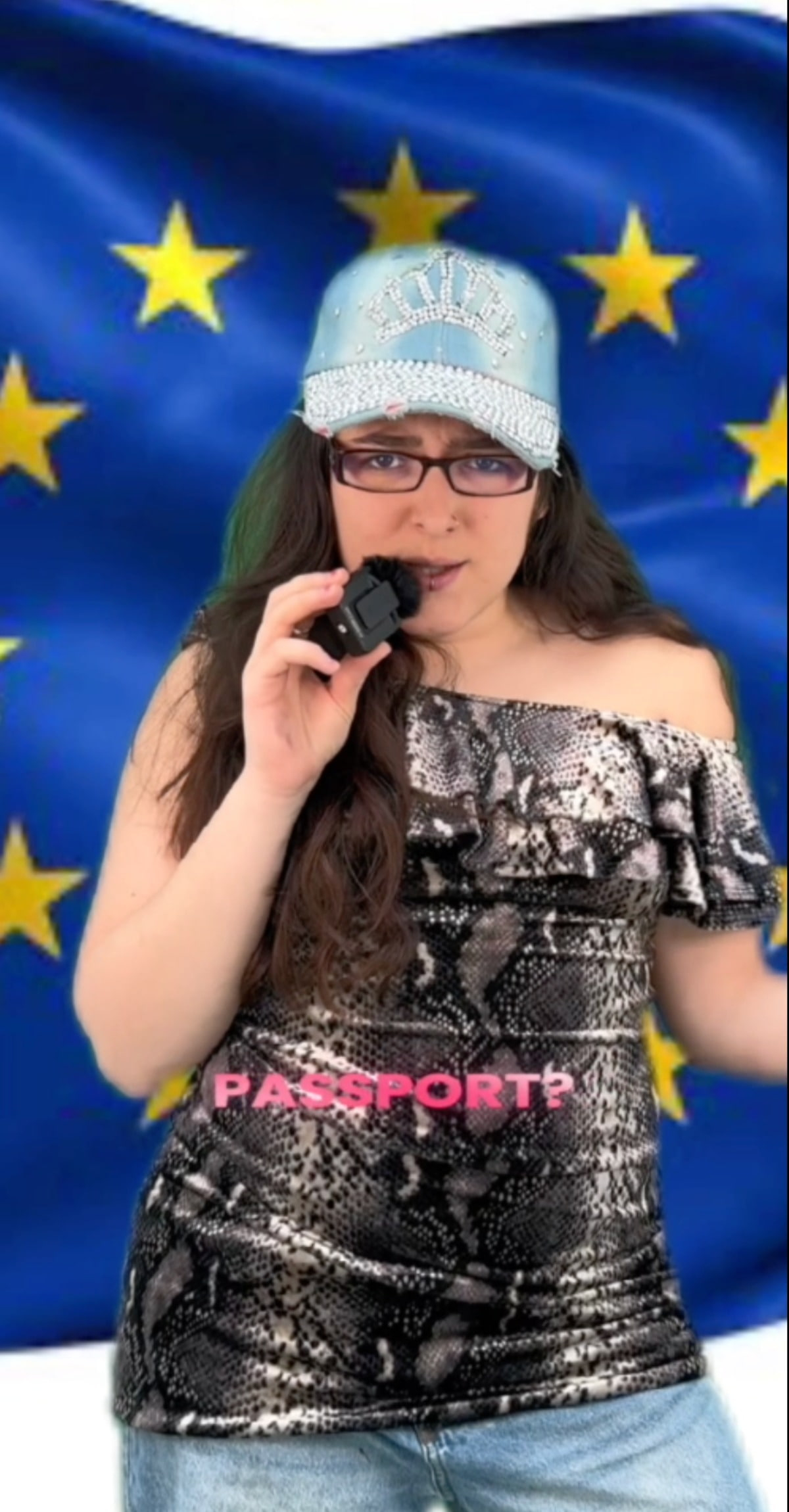 Stills from moving image work: An influencer baddie in a leopard print velvet dress holding a microphone in front of EU Flag green screen and the subtitle says Passport 