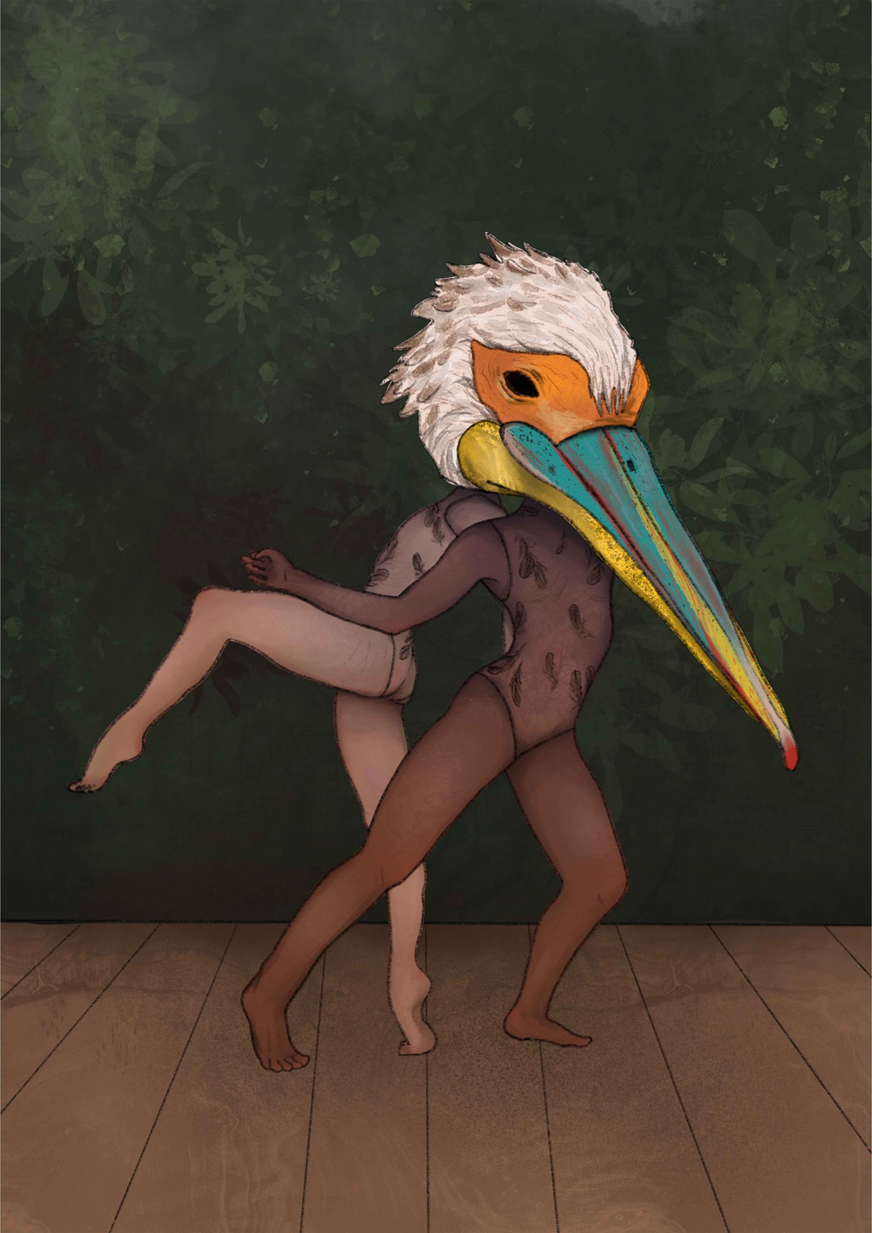 Drawing of two performers with a large bird headpiece