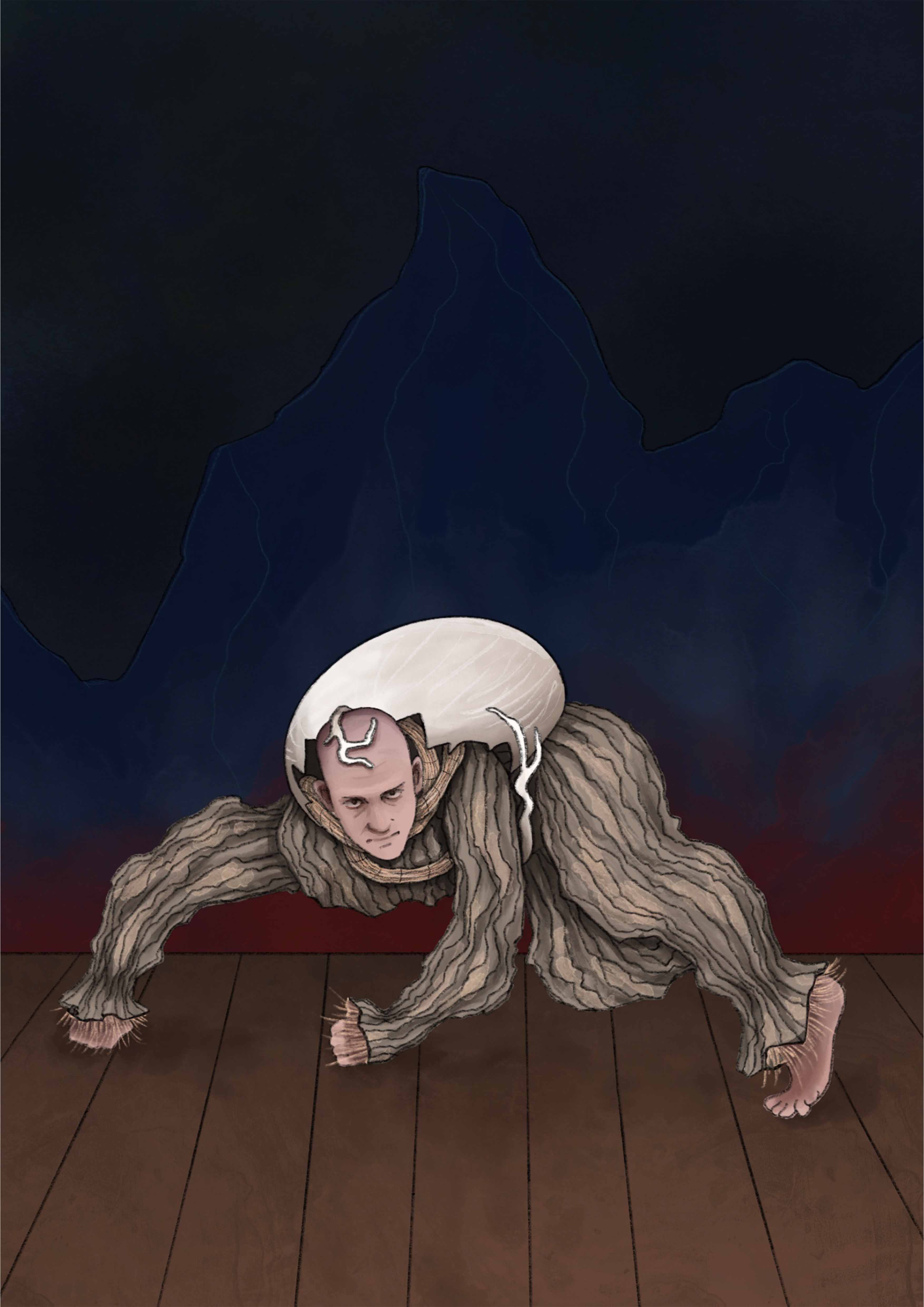 Drawing of man in a large egg costume