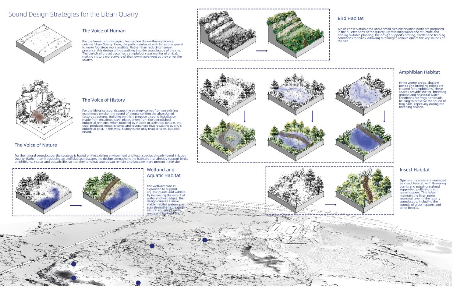 Diagram of sound design strategies for Liban Quarry, showing human, historical and natural sound layers alongside proposed bird, amphibian, insect and wetland habitats.