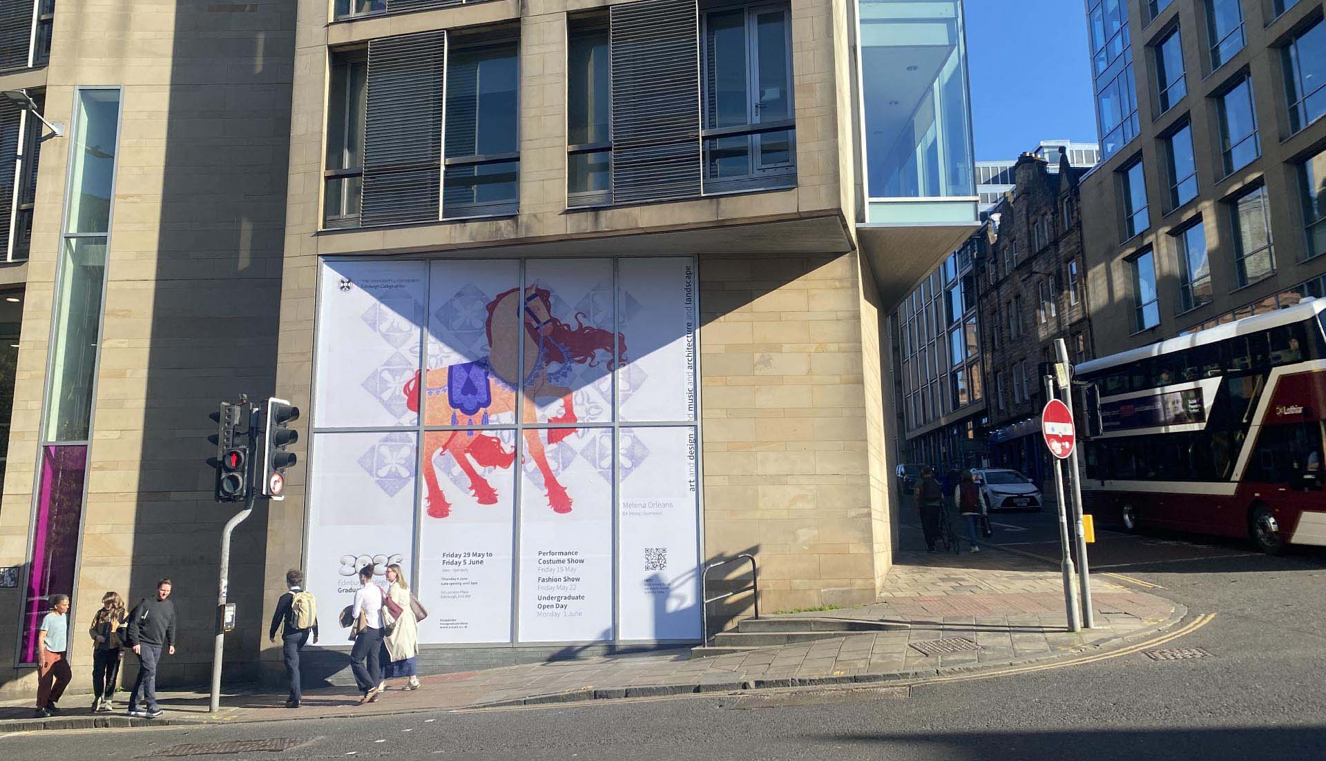 A large advertisment for the 2026 ECA Graduate Show featuring a red and pink horse with blue regalia.