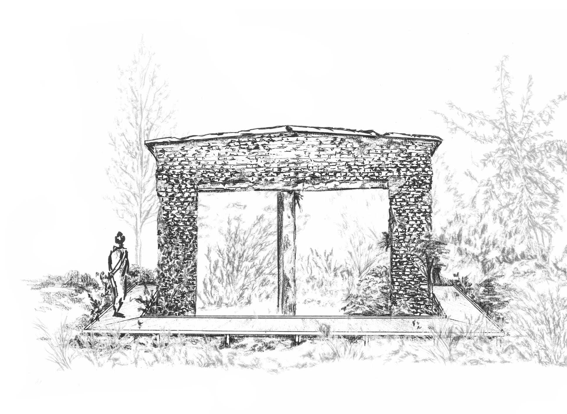 Drawing of derelict shed building, surrounded by vegetation and raised metal walkway around the perimeter.