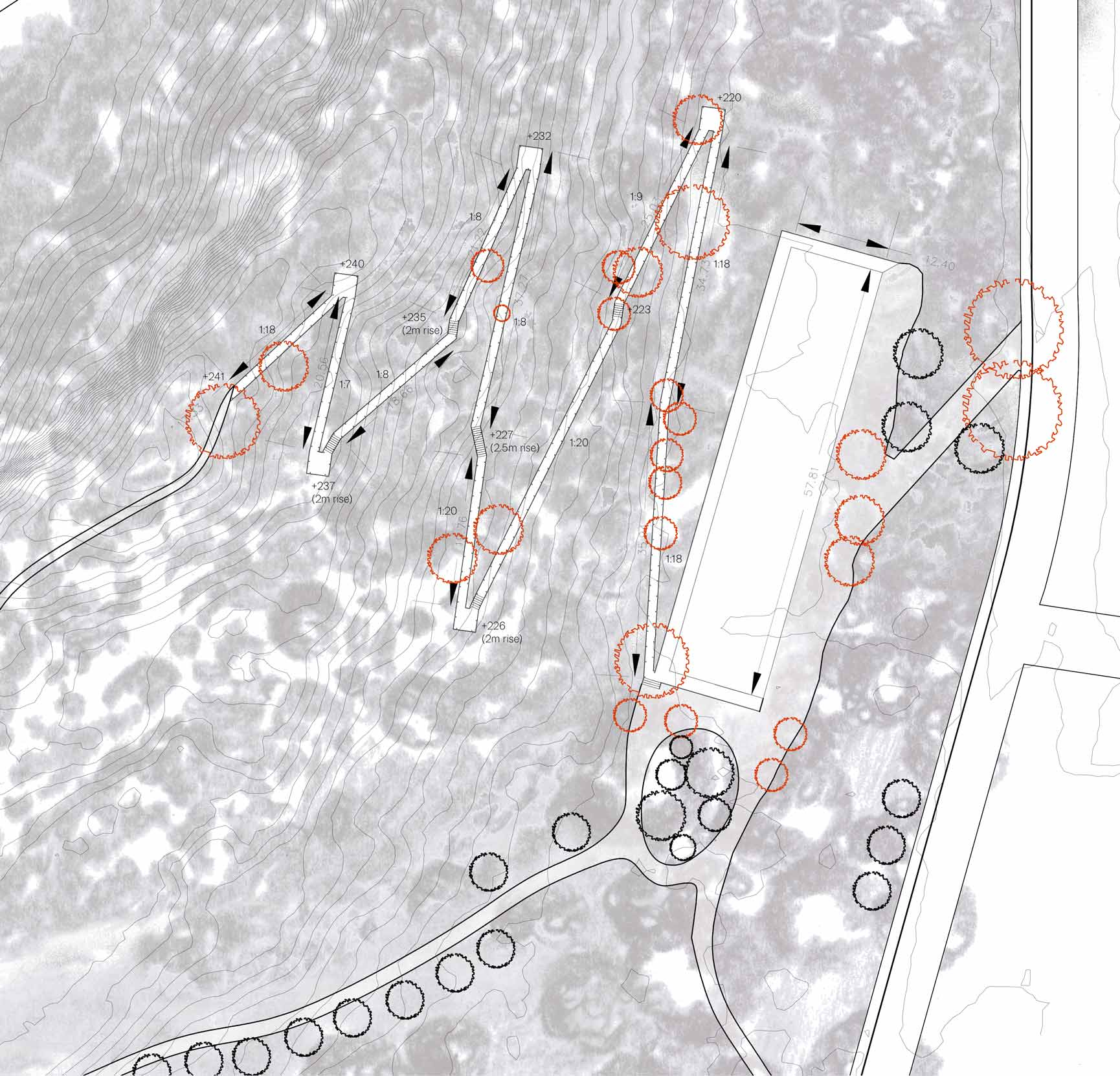 Construction plan for east entrance pathways and tree removal.